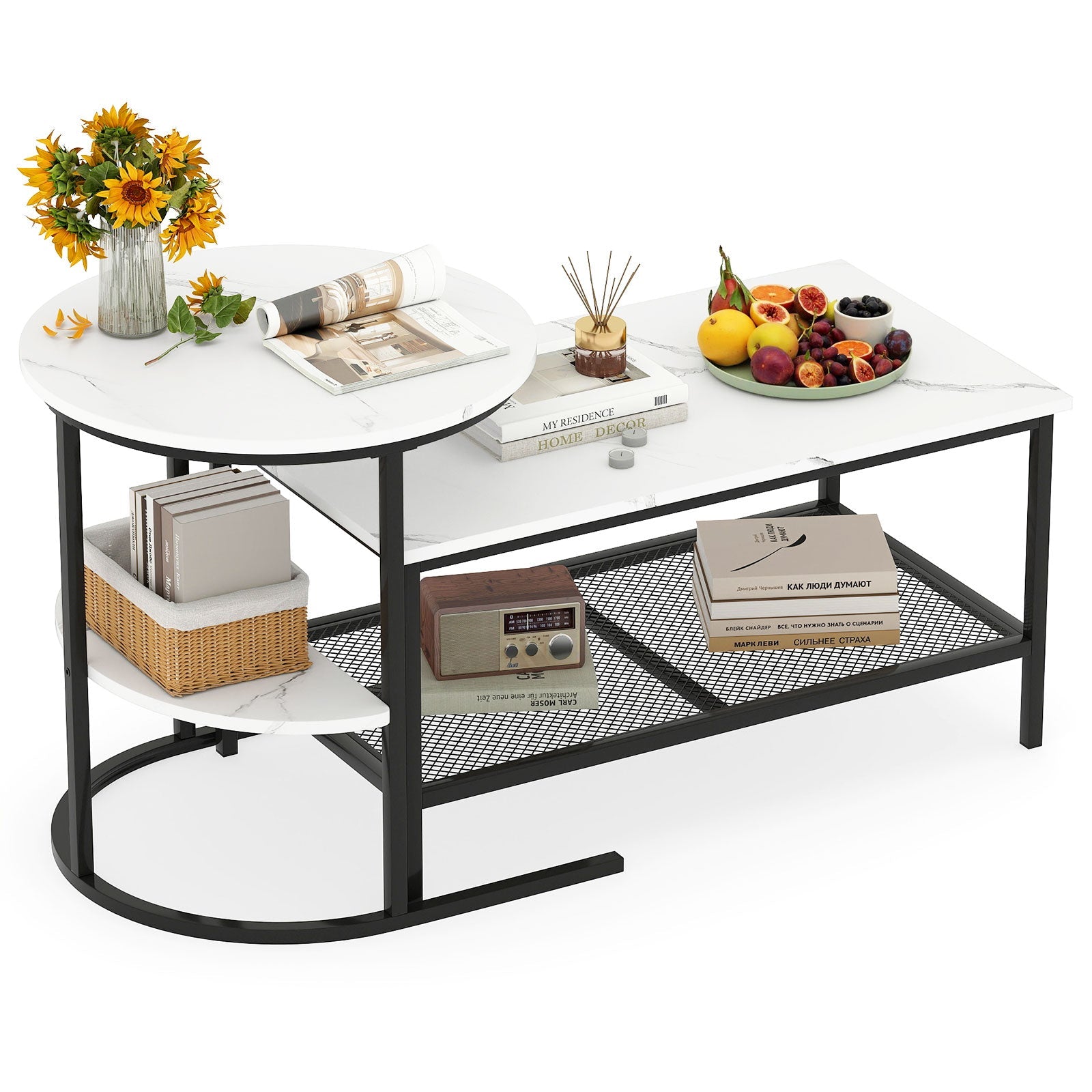 Coffee Table 2-Tier Rectangle Coffee Table and Side End Table with Storage Shelves
