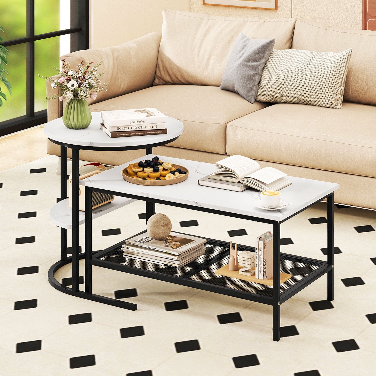 Coffee Table 2-Tier Rectangle Coffee Table and Side End Table with Storage Shelves