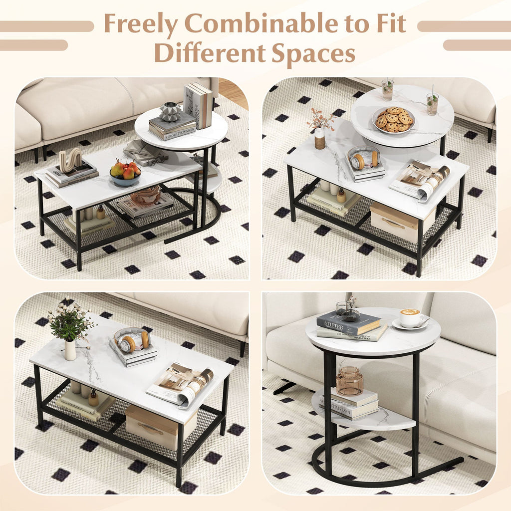 Coffee Table 2-Tier Rectangle Coffee Table and Side End Table with Storage Shelves