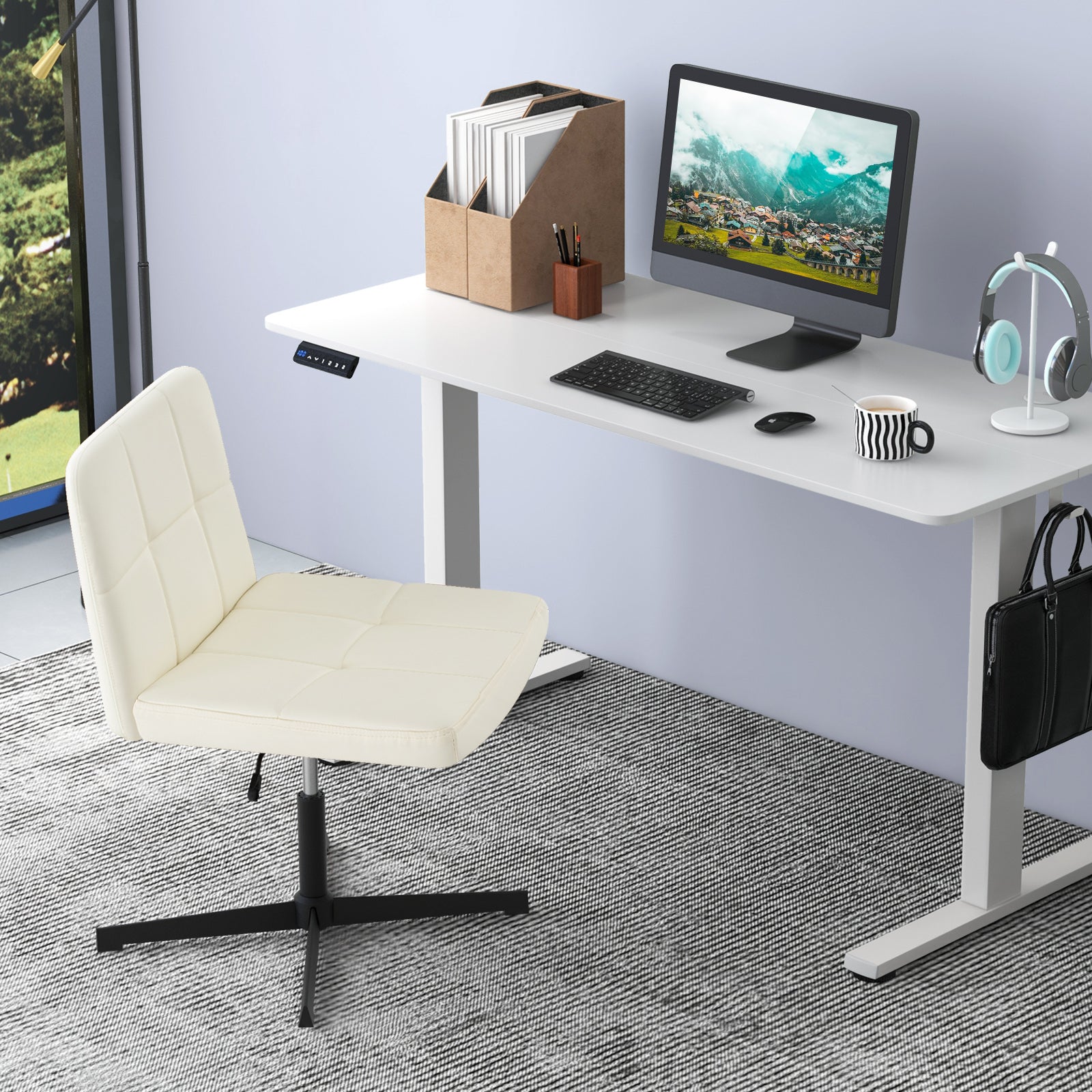 PU Leather Upholstered Cross-legged Office Chair with Oversized U-shaped Seat for Home Office Make Up