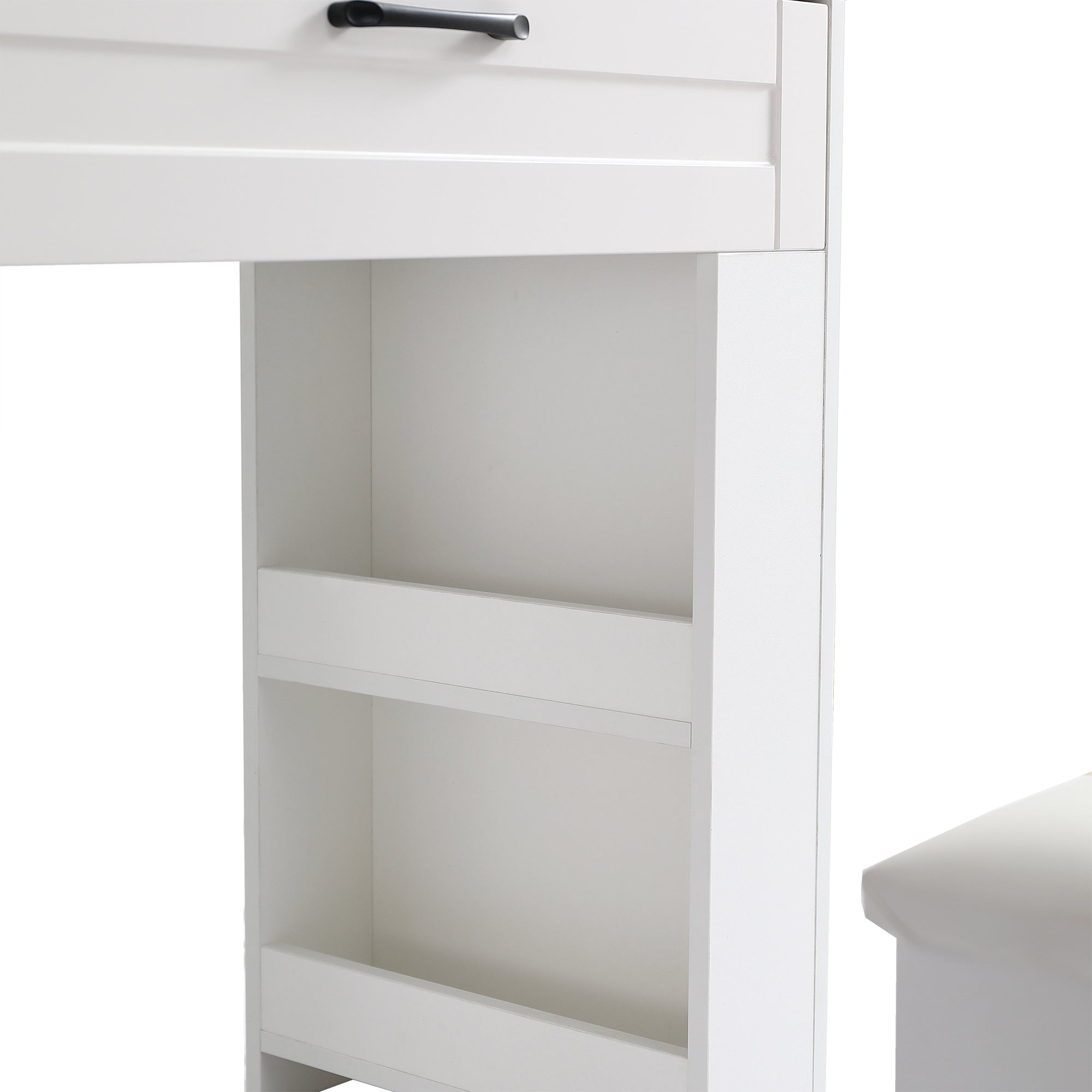 Vanity table with large sliding lighted mirror dressing table with 2 drawers storage shelves and upholstered stool white color