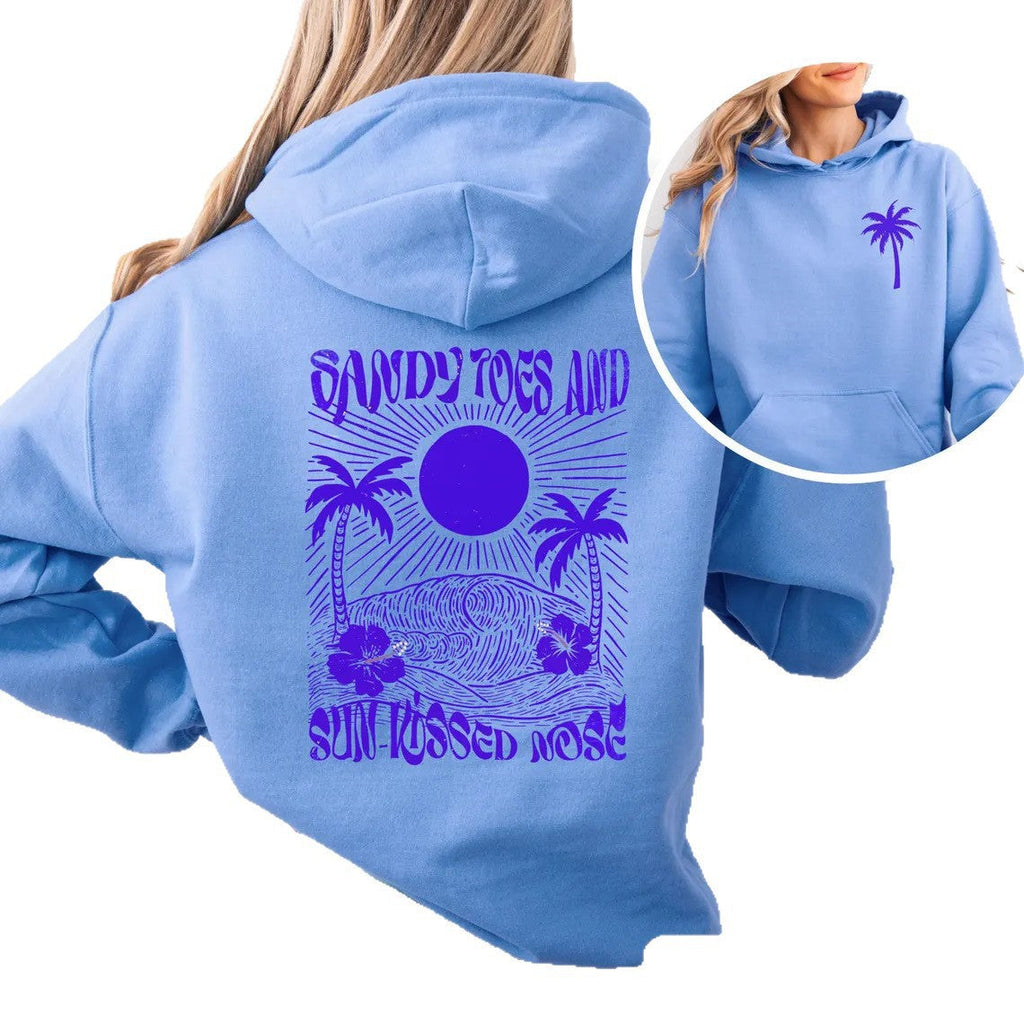 Palm Print Hoodie with Purple Bauhinia for Girls' Beach Long Sleeve Dress