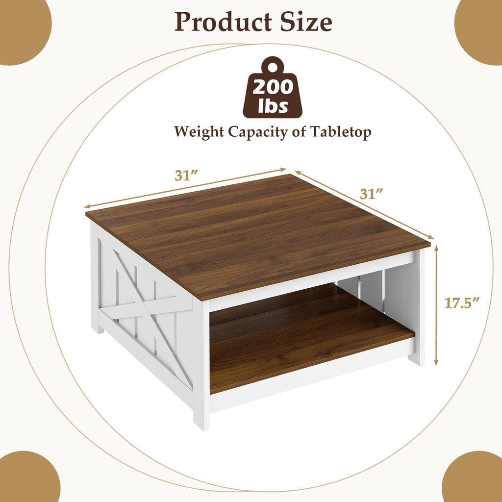 Farmhouse Coffee Table 31 Inch Square Coffee Table with Storage Shelf-White