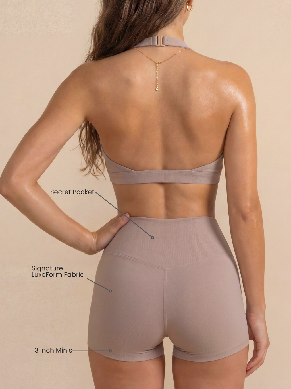 Women's Mini Sculpting Shorts 3 Inch - Taupe | Criss-Cross Waistband with Pocket