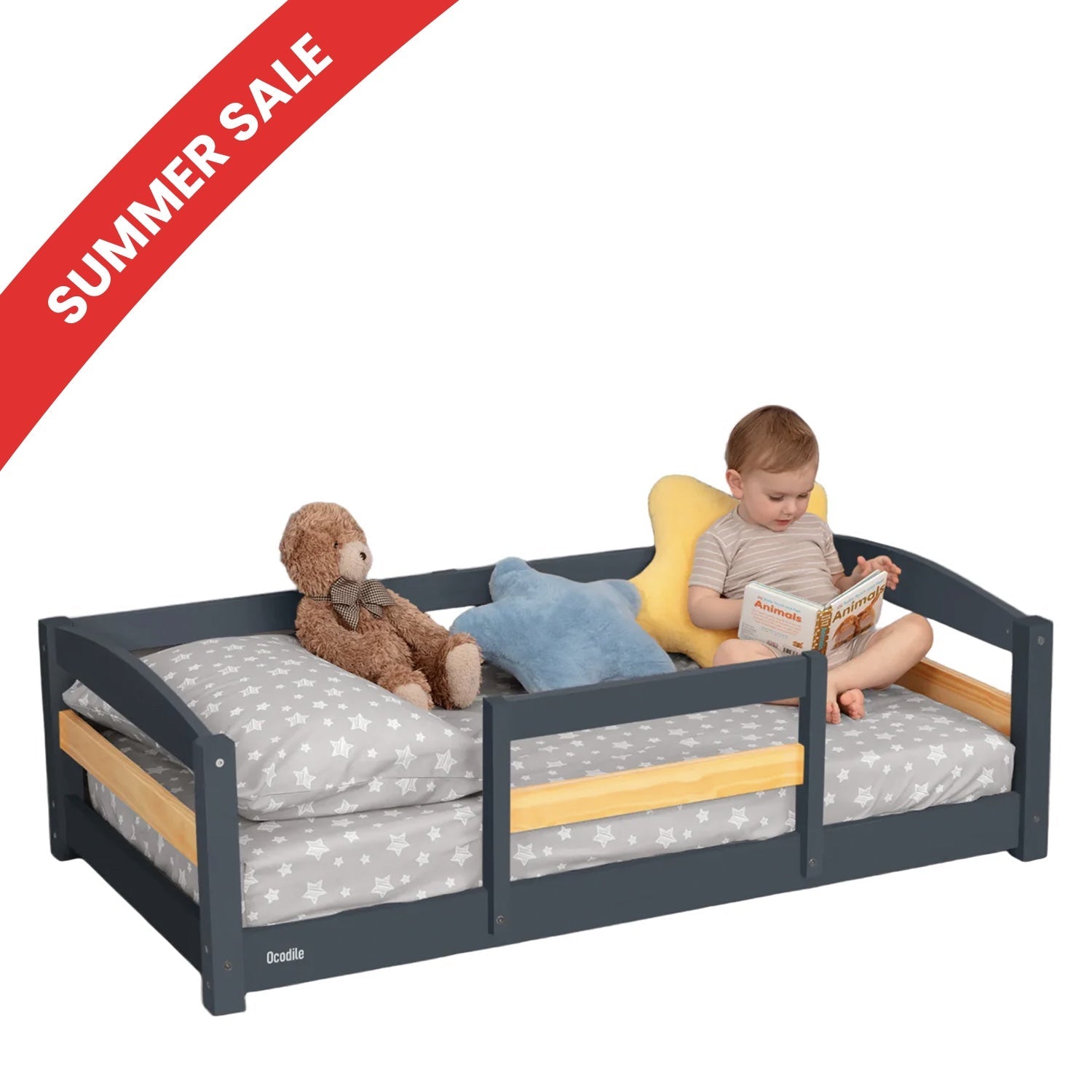 Crib Size Wooden Floor Bed Frame with Rails for Toddlers Age 1–3