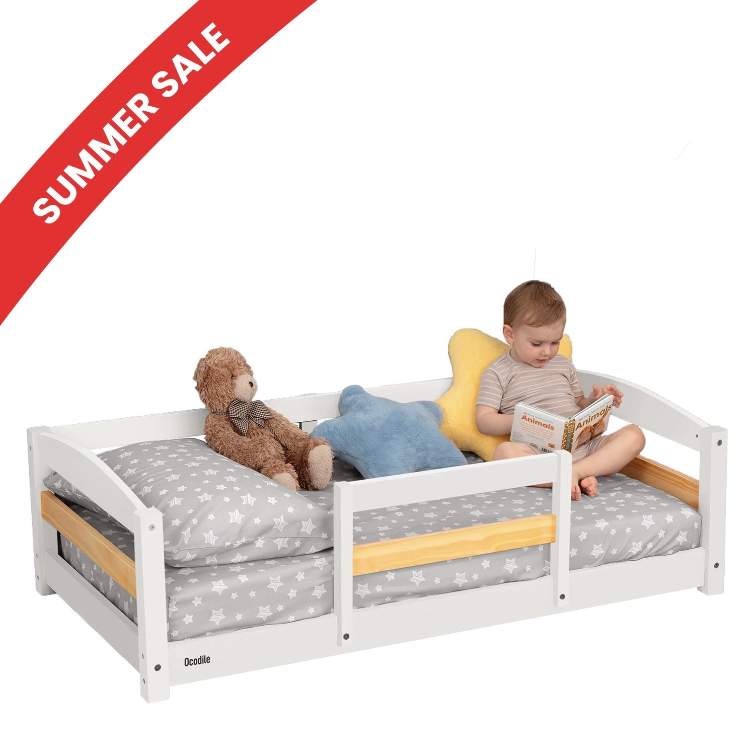 Crib Size Wooden Floor Bed Frame with Rails for Toddlers Age 1–3