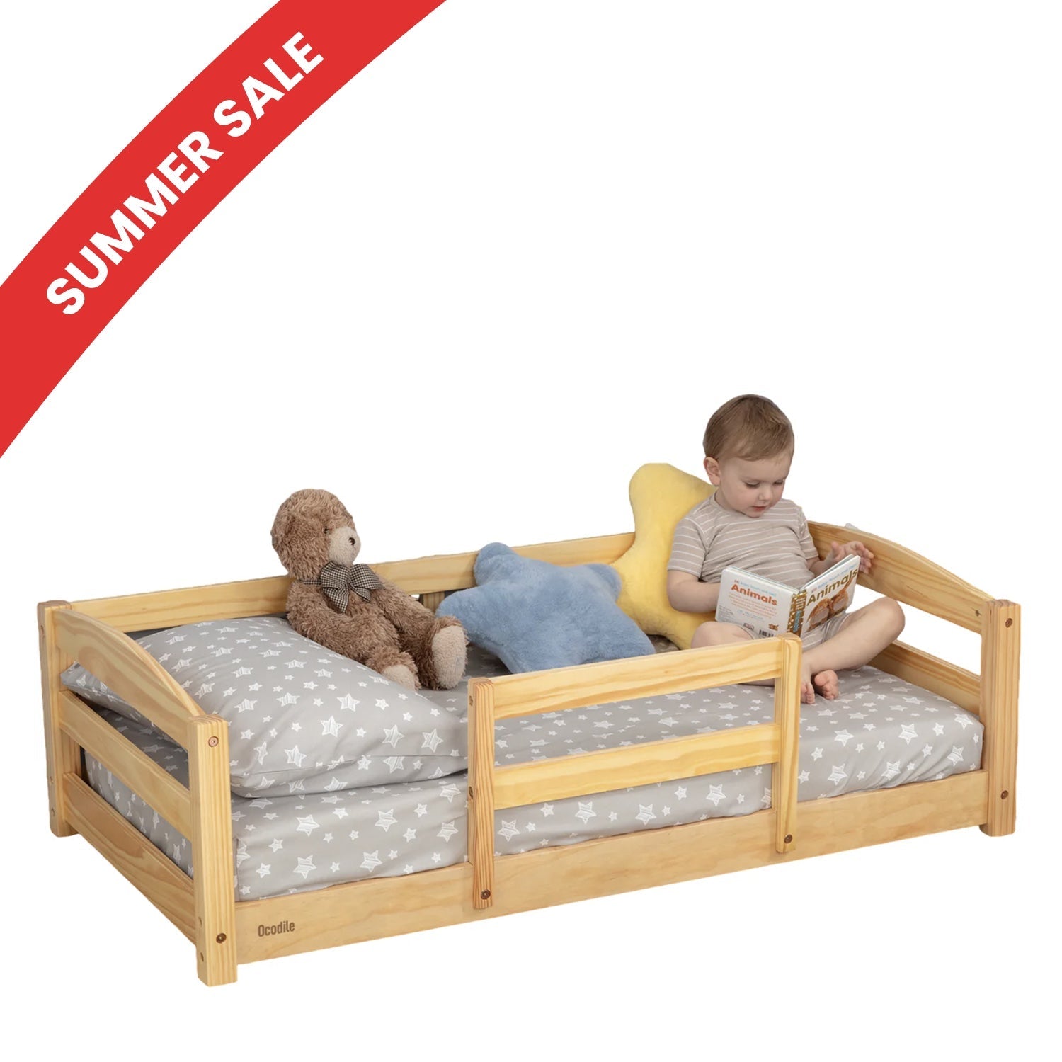 Crib Size Wooden Floor Bed Frame with Rails for Toddlers Age 1–3