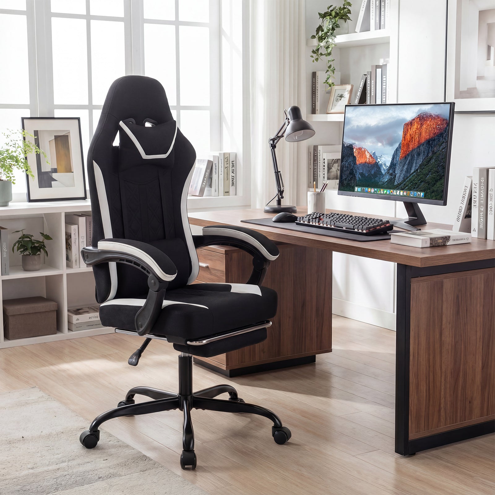 Gaming Chair Height Adjustable Computer Chair with Headrest Footrest & 360¬∞ Swivel Seat-Black