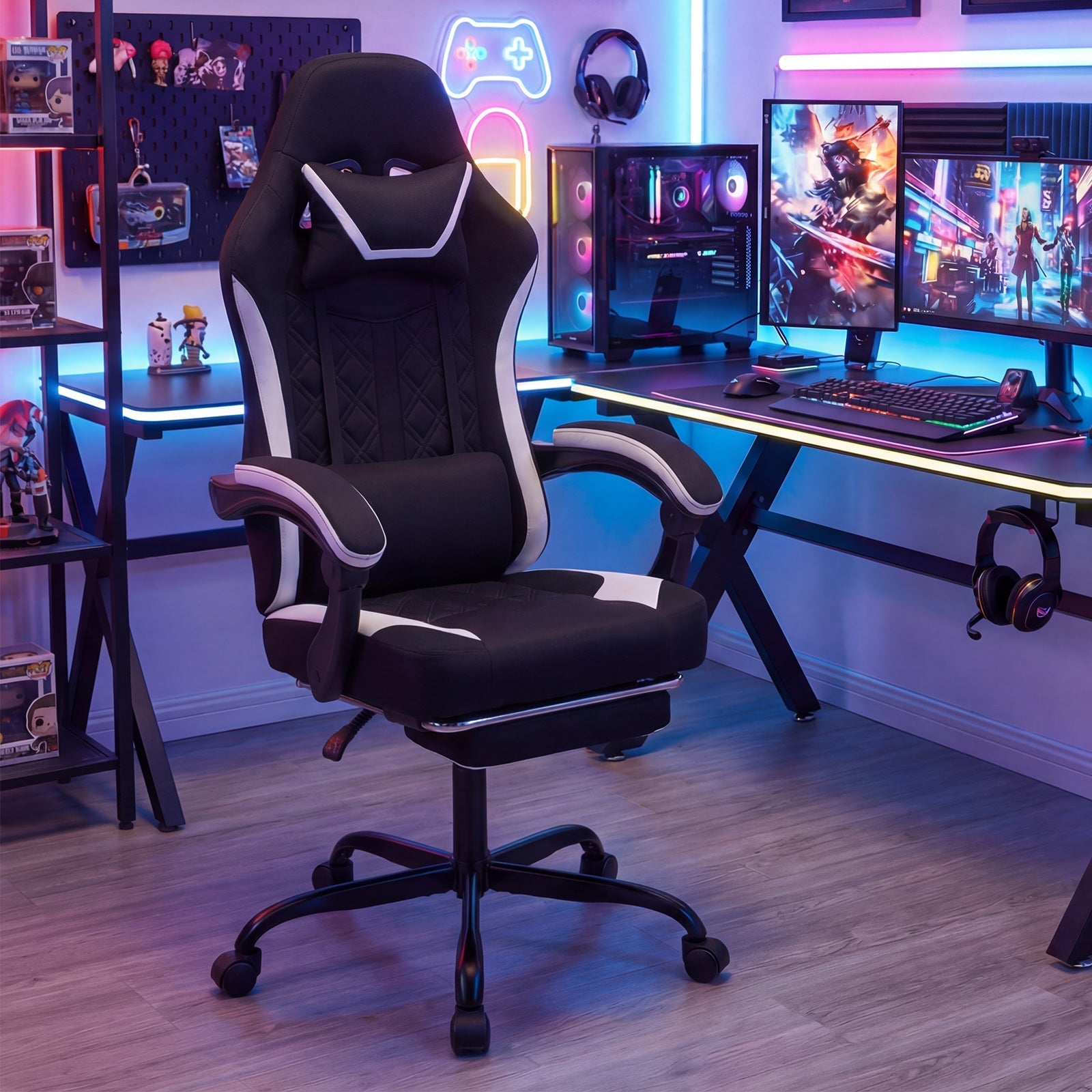 Gaming Chair Height Adjustable Computer Chair with Headrest Footrest & 360¬∞ Swivel Seat-Black