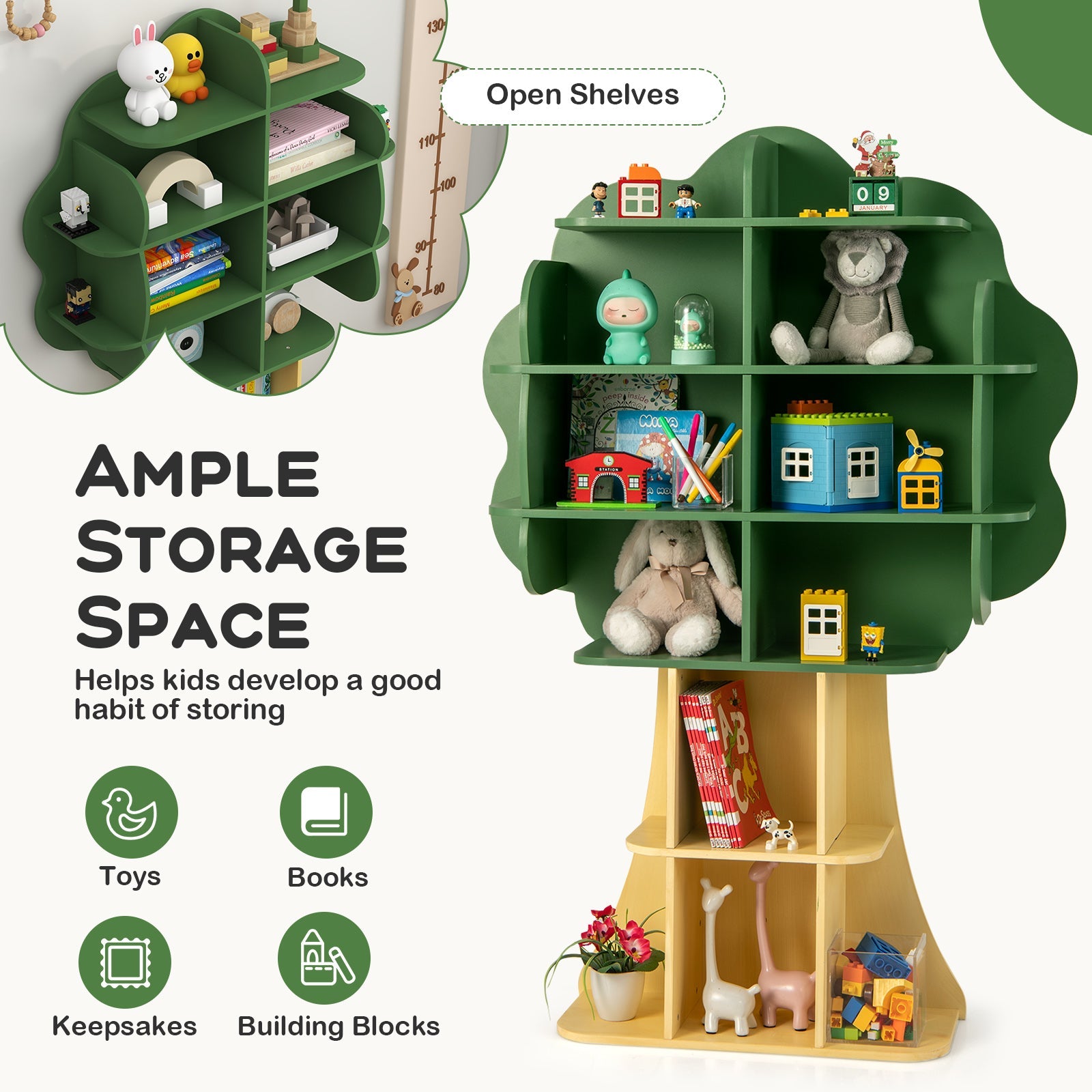 Green Kids Bookcase Shelf Toy Storage Organizer with Open Storage Shelves