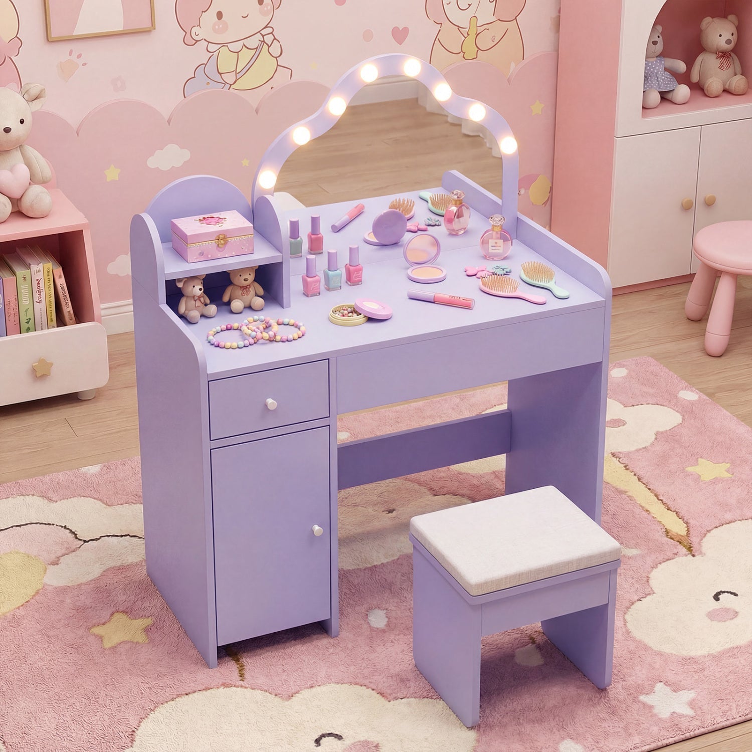 Kids Vanity Desk with Mirror and Lights Princess Pretend Play Dressing Table-Purple