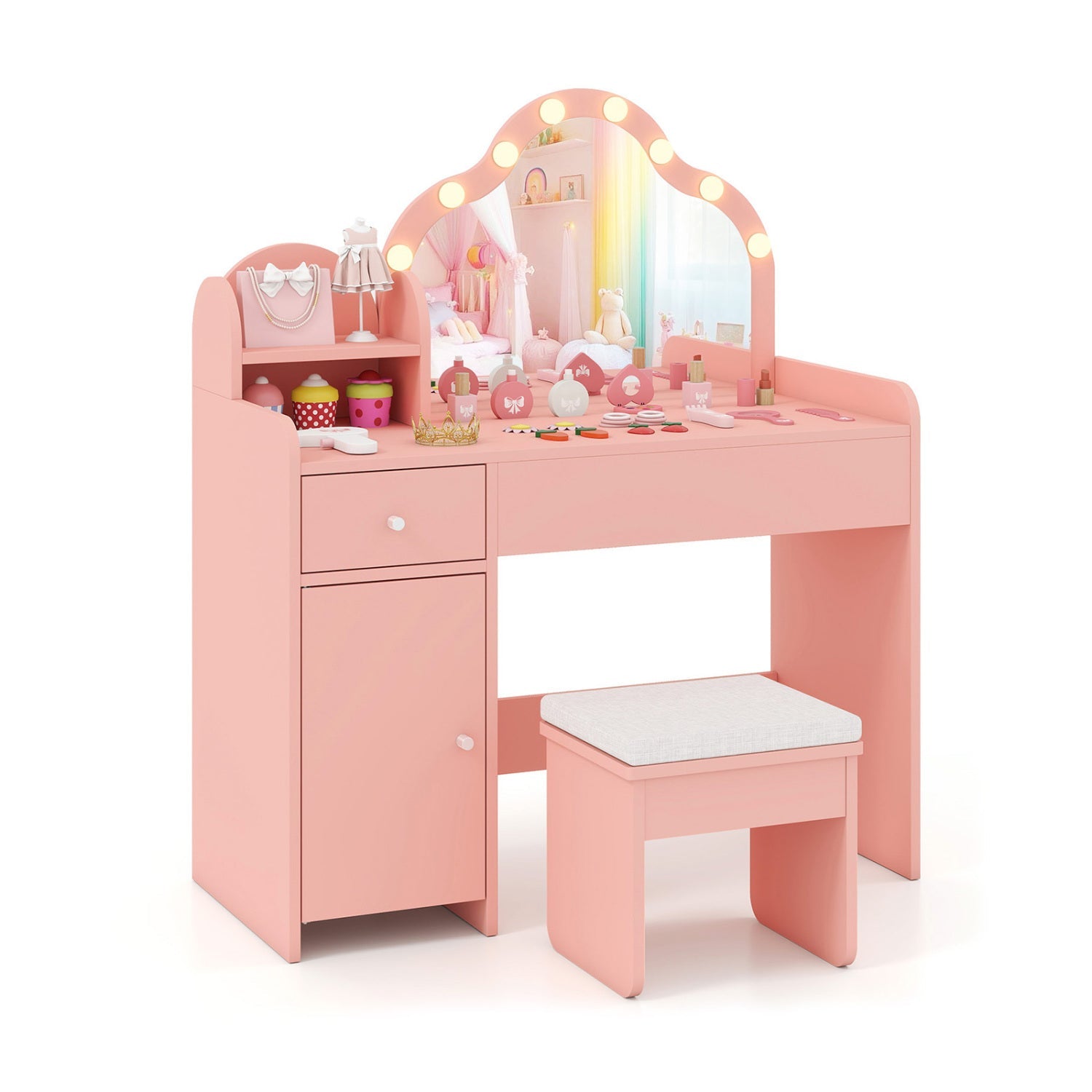 Kids Vanity Desk with Mirror and Lights Princess Pretend Play Dressing Table-Purple