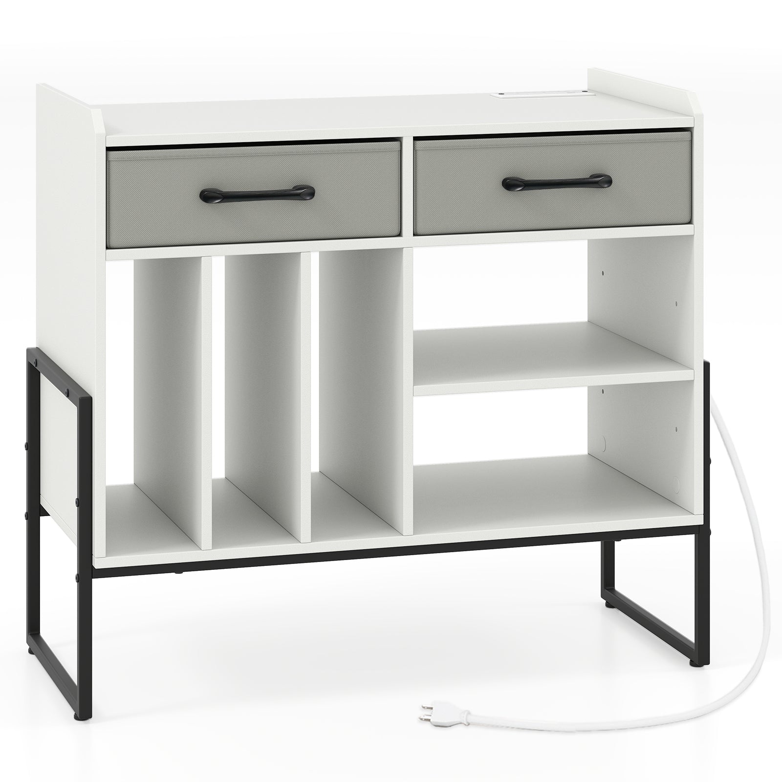 Large Record Player Stand with Charging Station Mid Century Modern Vinyl Storage Cabinet