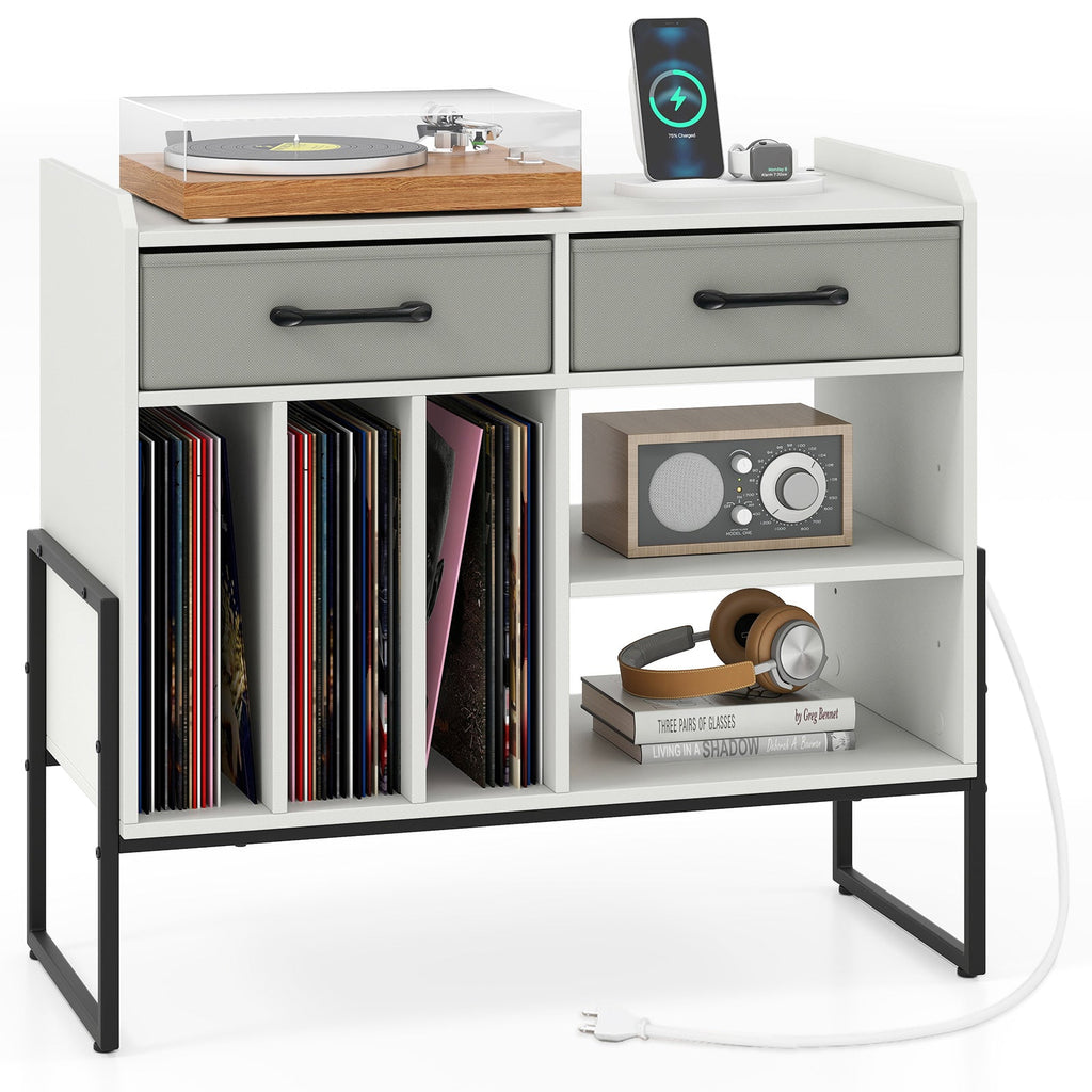 Large Record Player Stand with Charging Station Mid Century Modern Vinyl Storage Cabinet