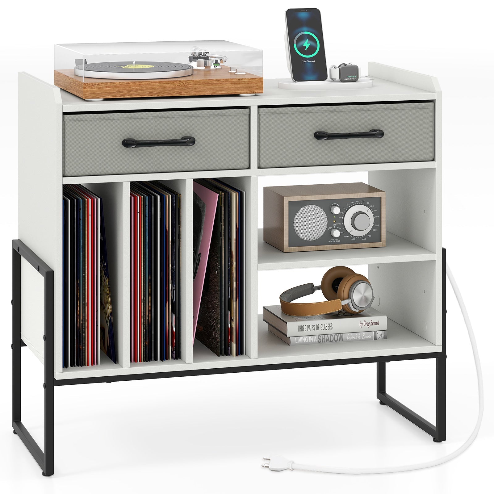 Large Record Player Stand with Charging Station Mid Century Modern Vinyl Storage Cabinet