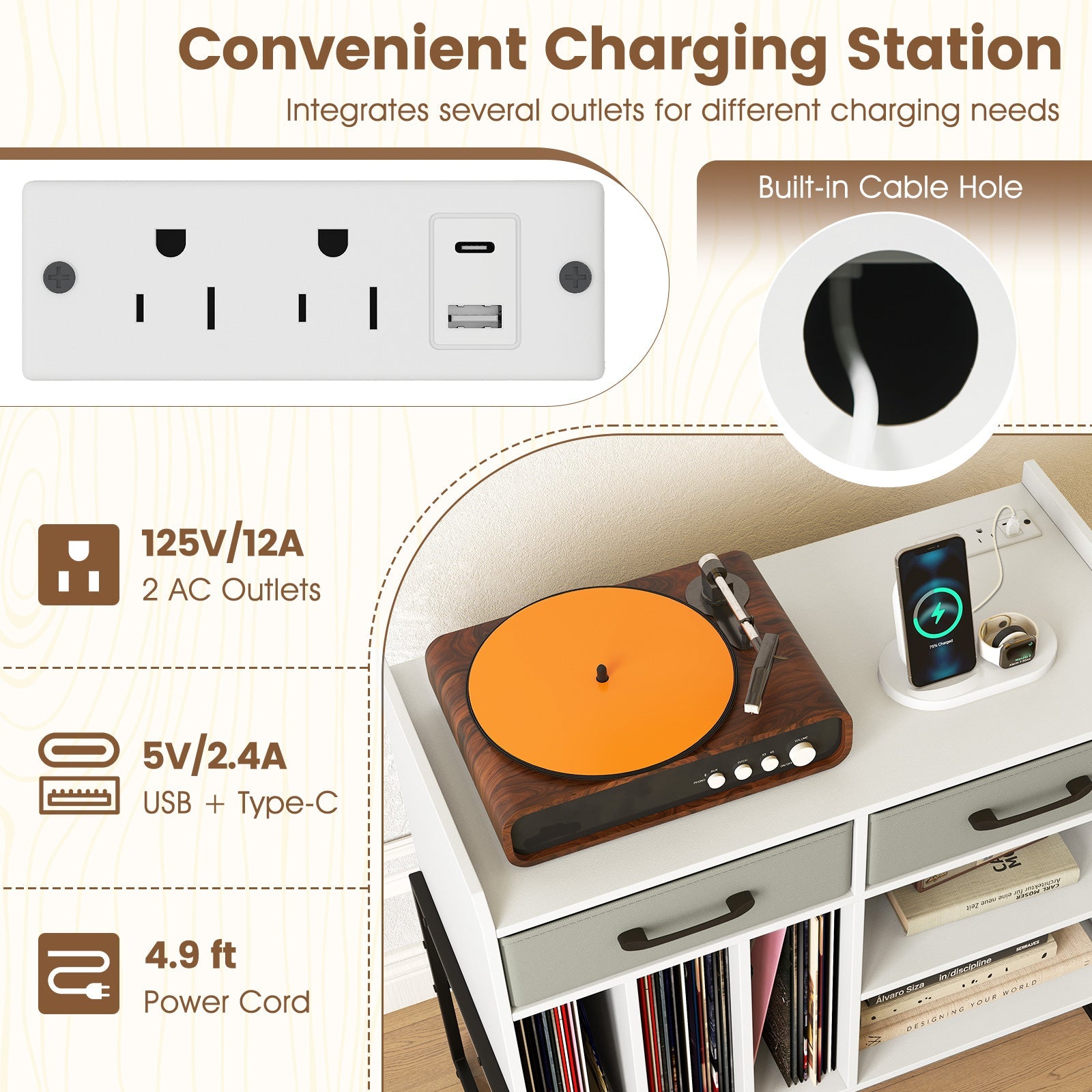 Large Record Player Stand with Charging Station Mid Century Modern Vinyl Storage Cabinet