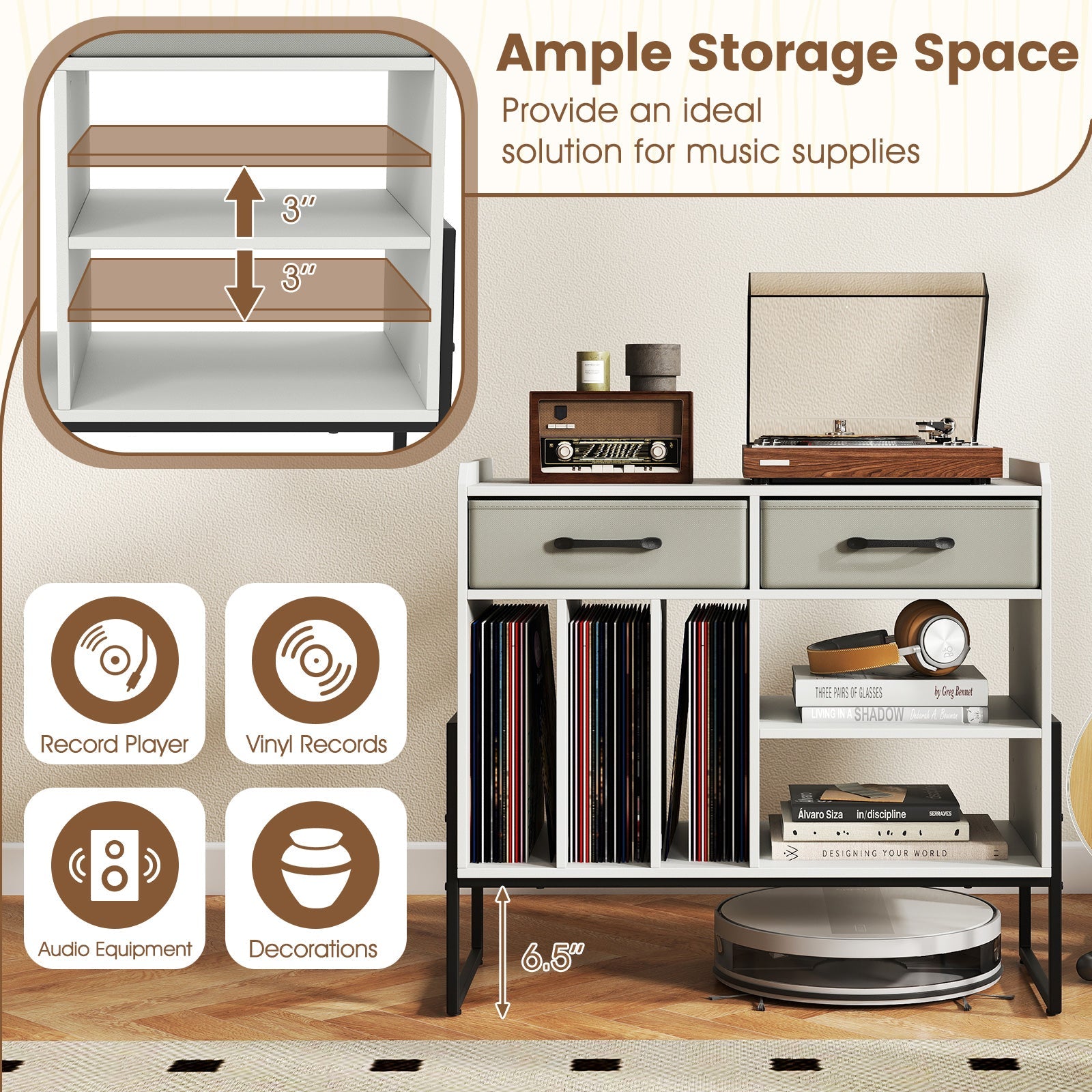 Large Record Player Stand with Charging Station Mid Century Modern Vinyl Storage Cabinet