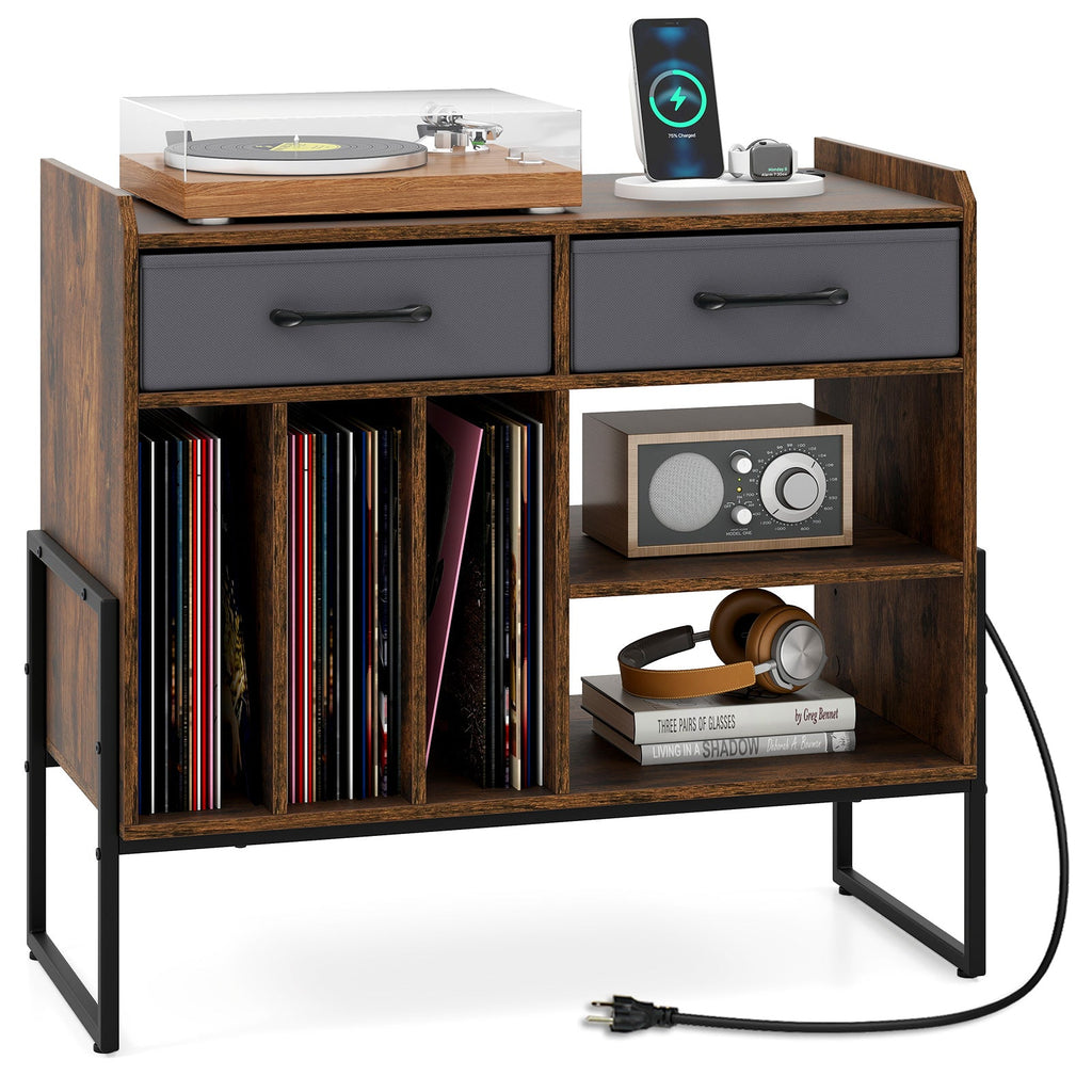 Large Record Player Stand with Charging Station Mid Century Modern Vinyl Storage Cabinet