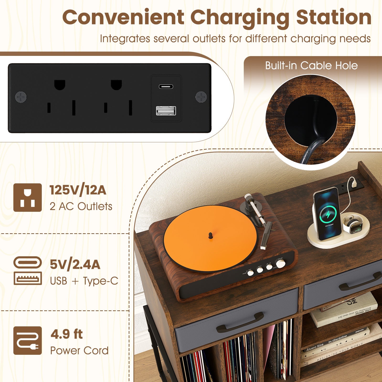 Large Record Player Stand with Charging Station Mid Century Modern Vinyl Storage Cabinet
