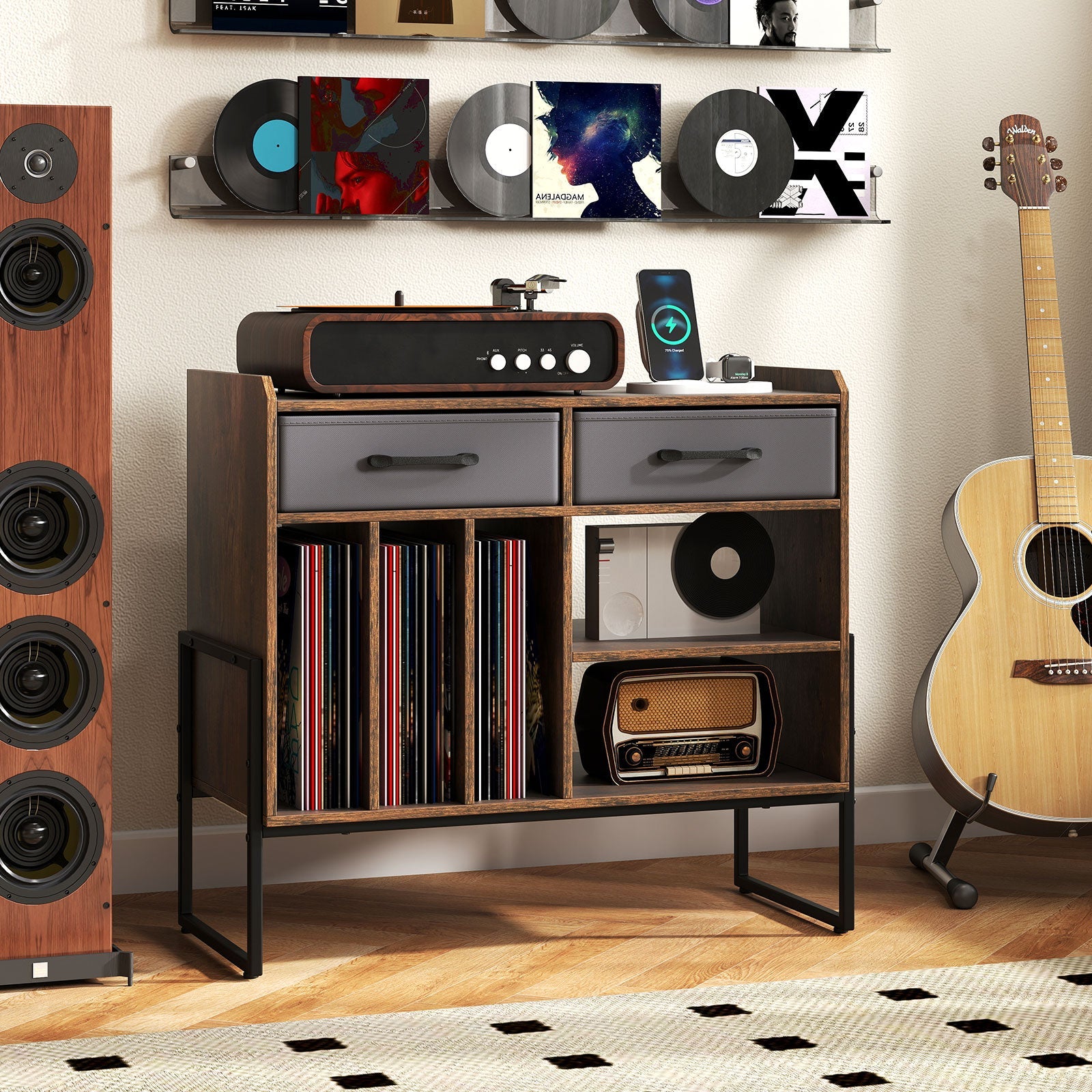 Large Record Player Stand with Charging Station Mid Century Modern Vinyl Storage Cabinet