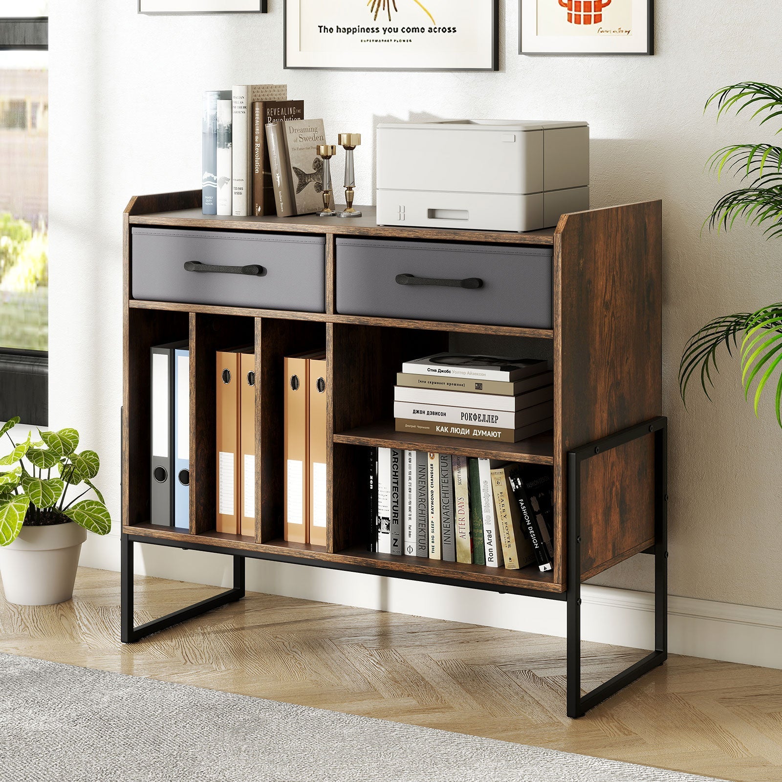 Large Record Player Stand with Charging Station Mid Century Modern Vinyl Storage Cabinet