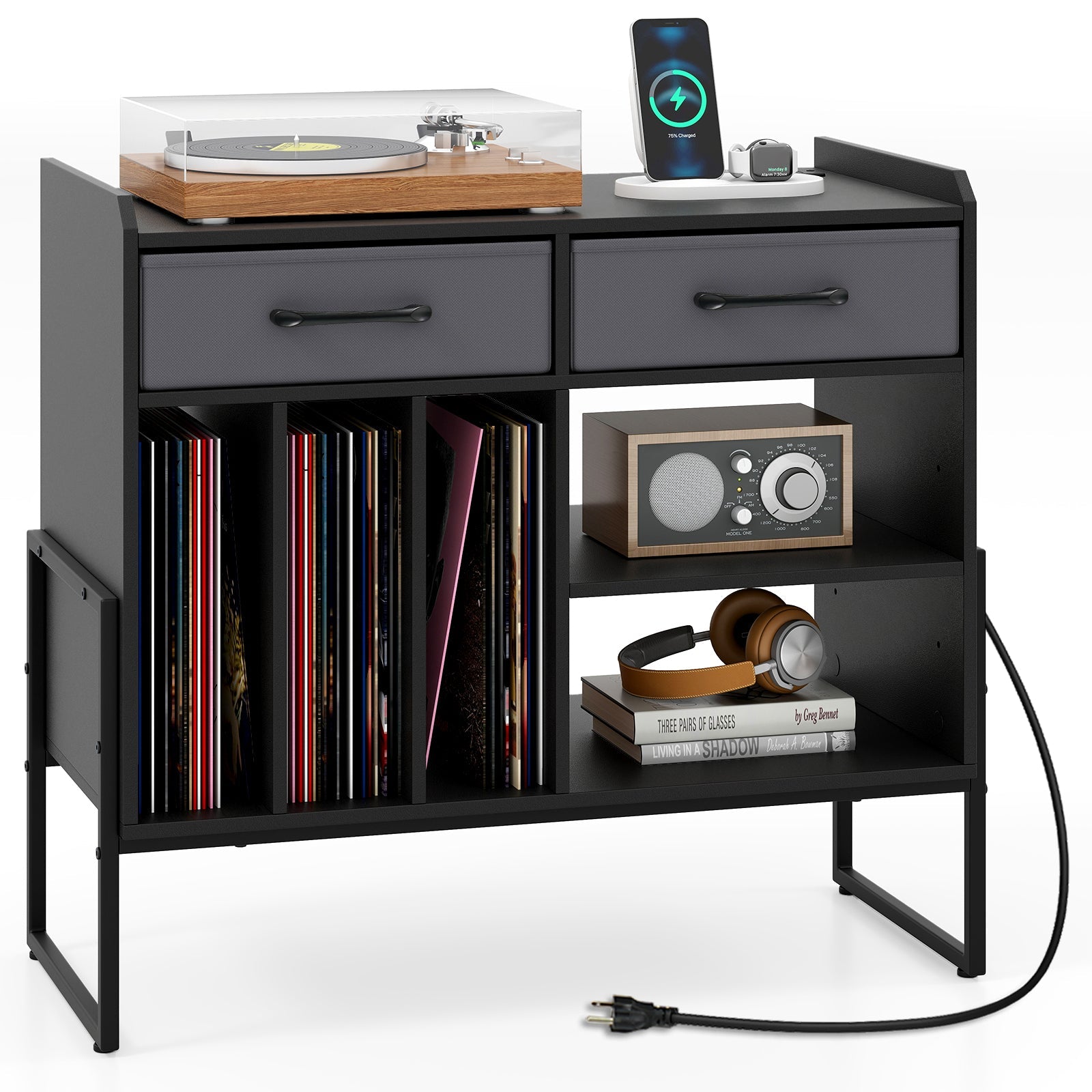 Large Record Player Stand with Charging Station Mid Century Modern Vinyl Storage Cabinet