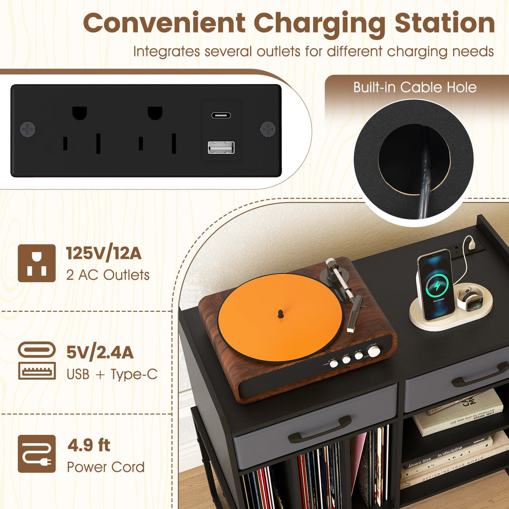 Large Record Player Stand with Charging Station Mid Century Modern Vinyl Storage Cabinet