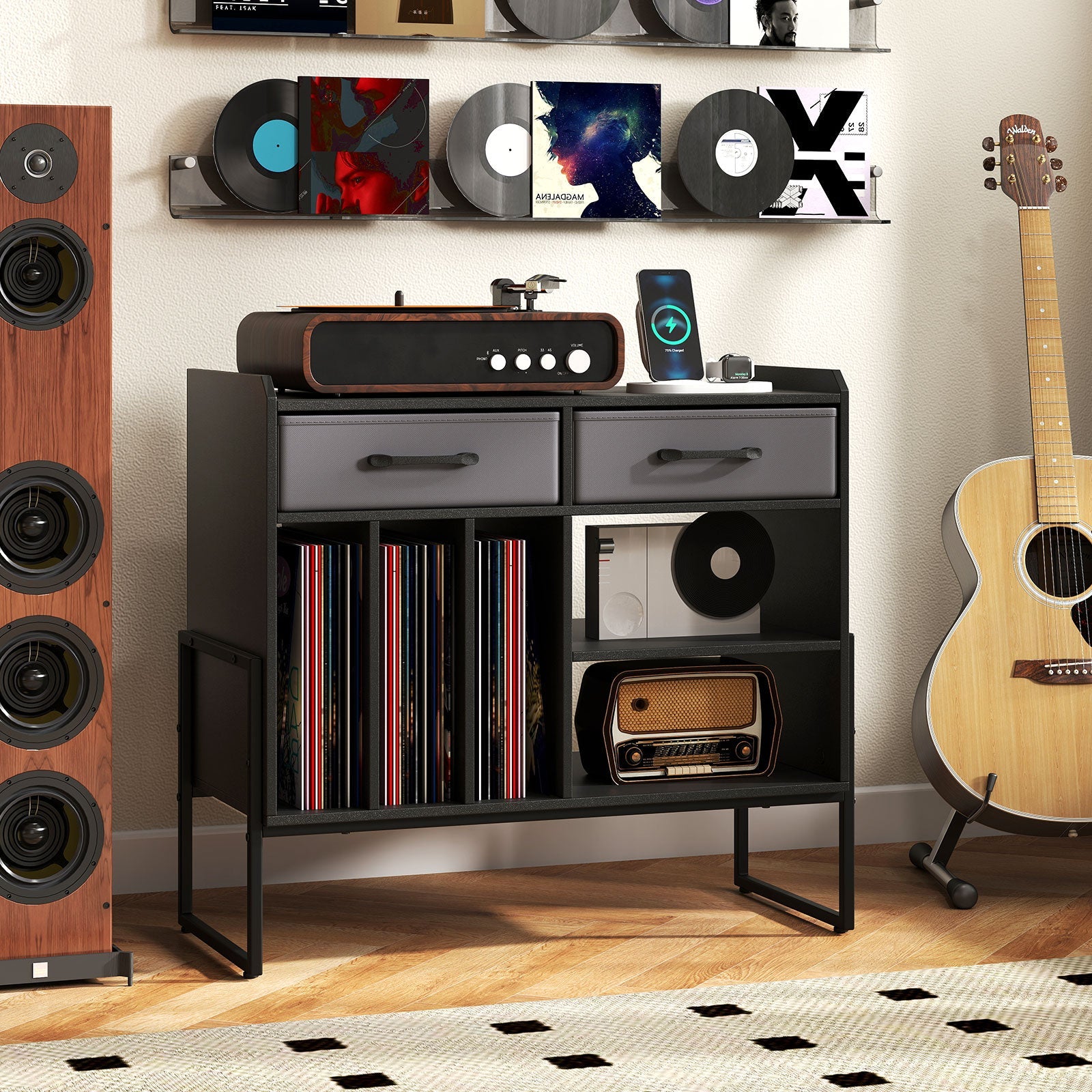 Large Record Player Stand with Charging Station Mid Century Modern Vinyl Storage Cabinet