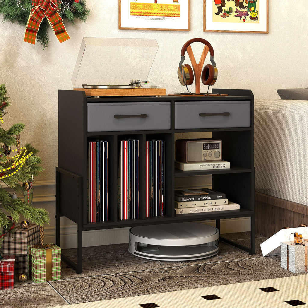 Large Record Player Stand with Charging Station Mid Century Modern Vinyl Storage Cabinet