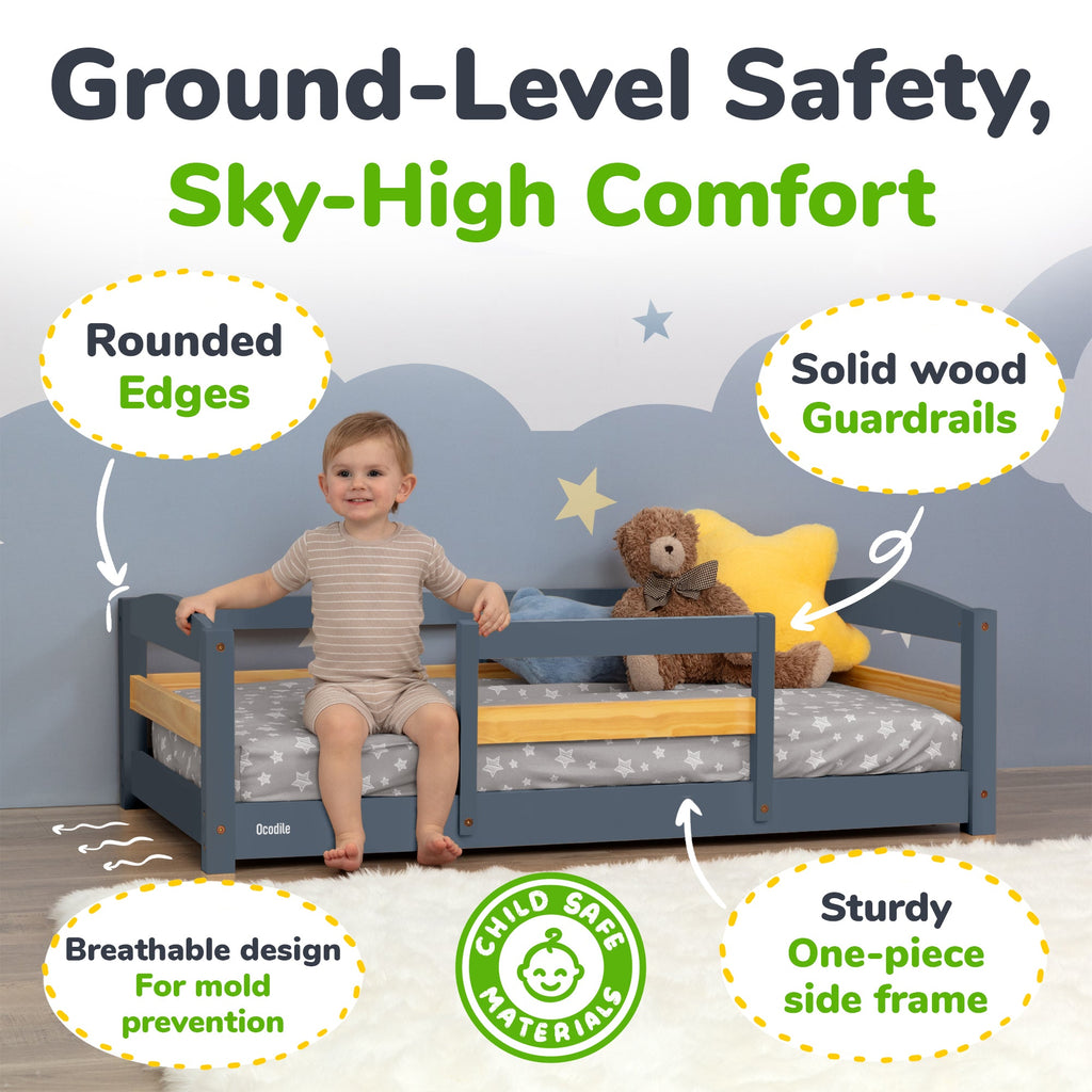 Crib Size Wooden Floor Bed Frame with Rails for Toddlers Age 1–3