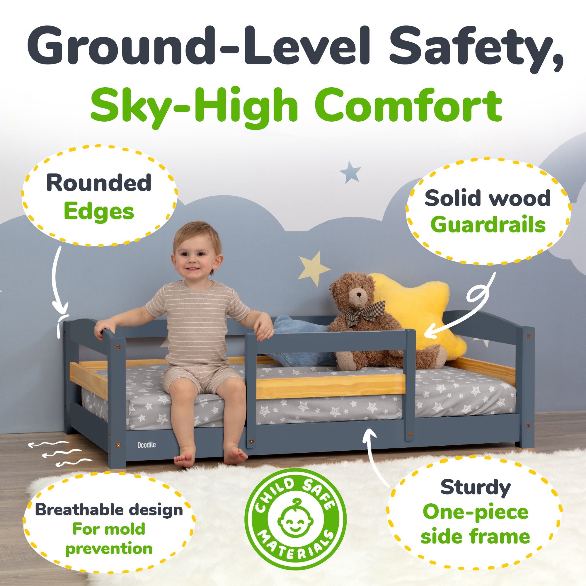 Crib Size Wooden Floor Bed Frame with Rails for Toddlers Age 1–3