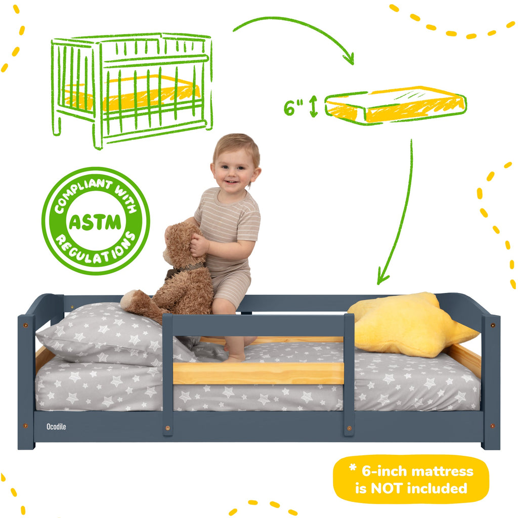 Crib Size Wooden Floor Bed Frame with Rails for Toddlers Age 1–3