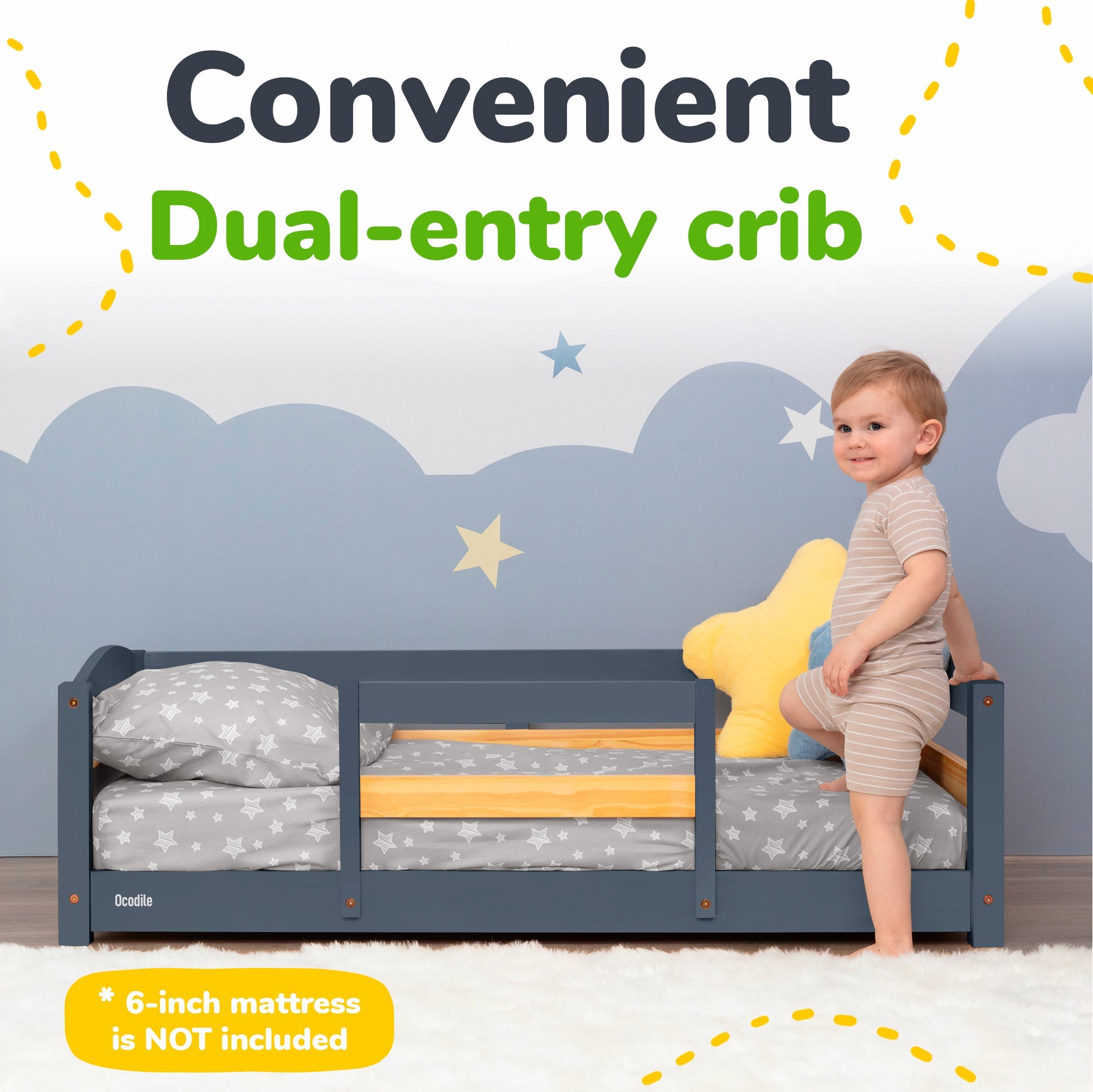 Crib Size Wooden Floor Bed Frame with Rails for Toddlers Age 1–3