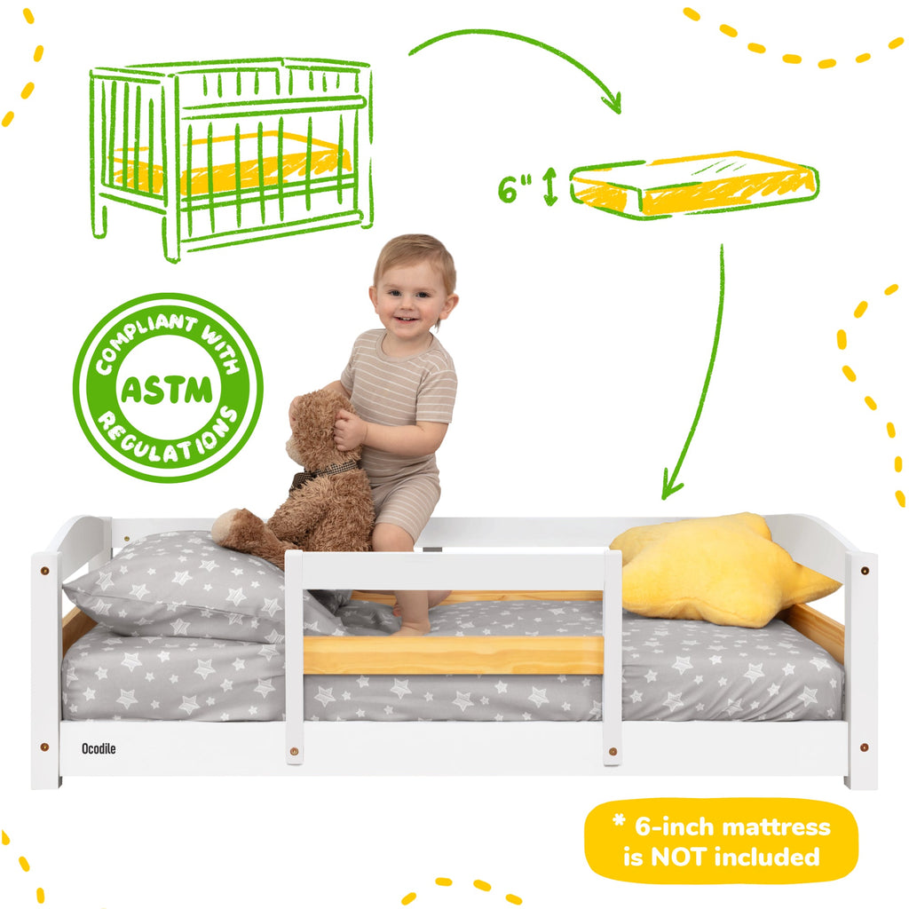 Crib Size Wooden Floor Bed Frame with Rails for Toddlers Age 1–3