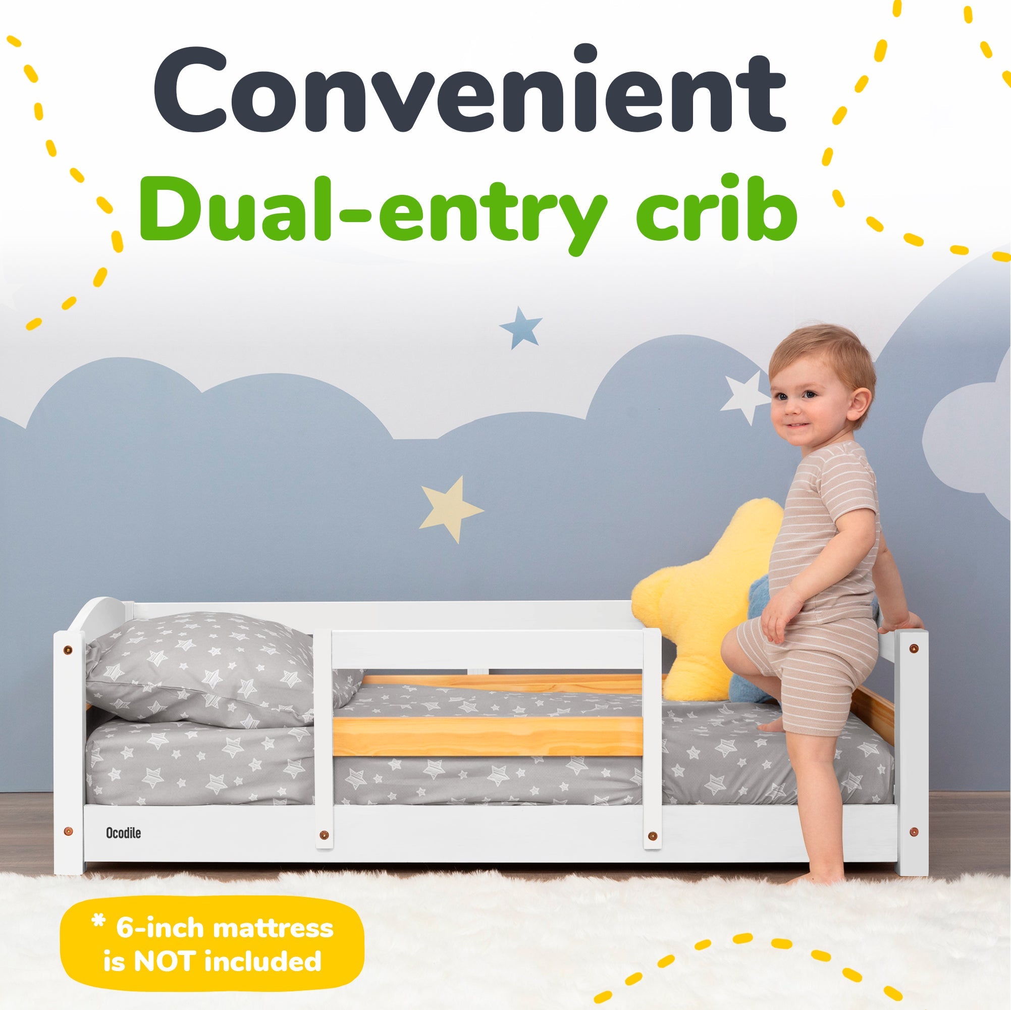Crib Size Wooden Floor Bed Frame with Rails for Toddlers Age 1–3