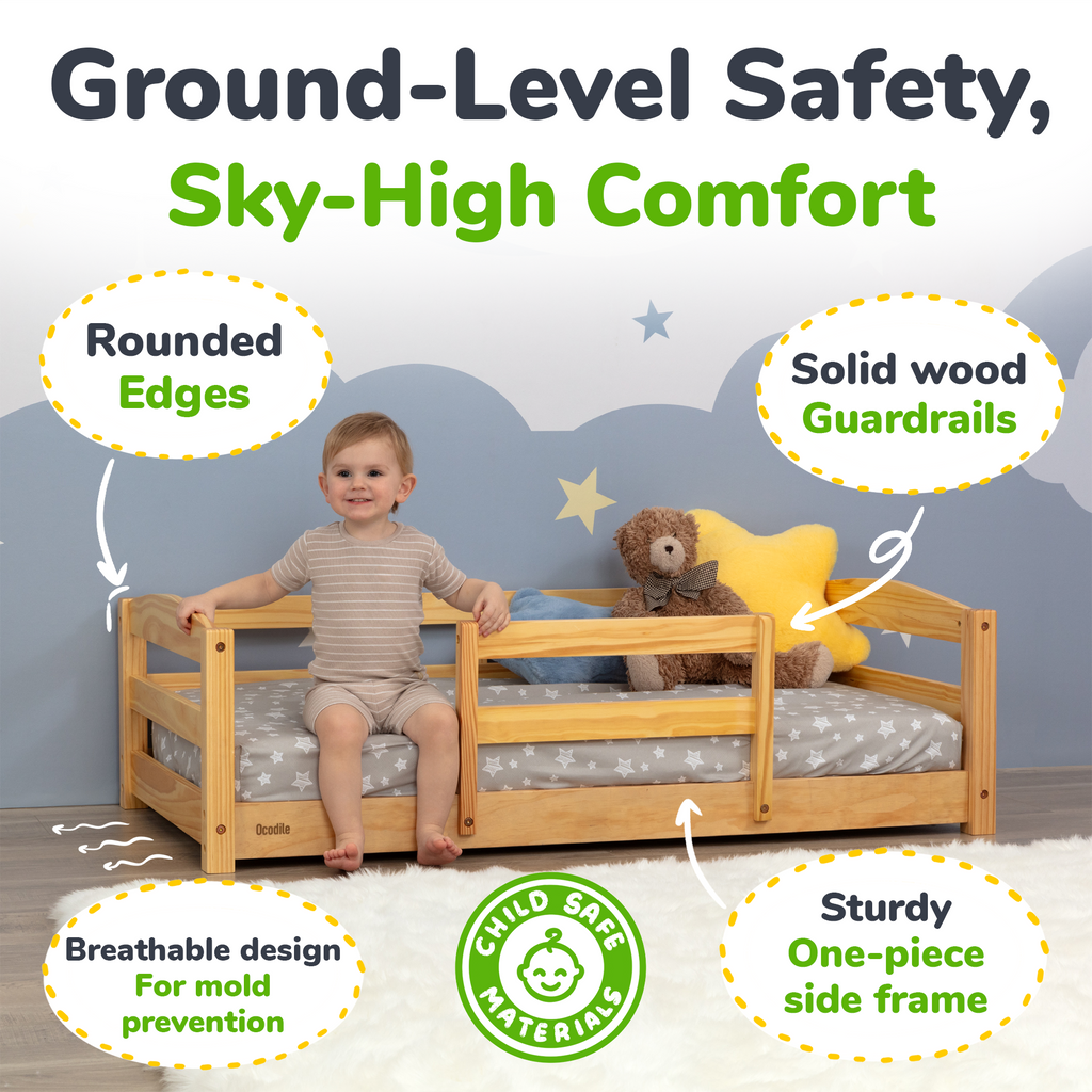 Crib Size Wooden Floor Bed Frame with Rails for Toddlers Age 1–3