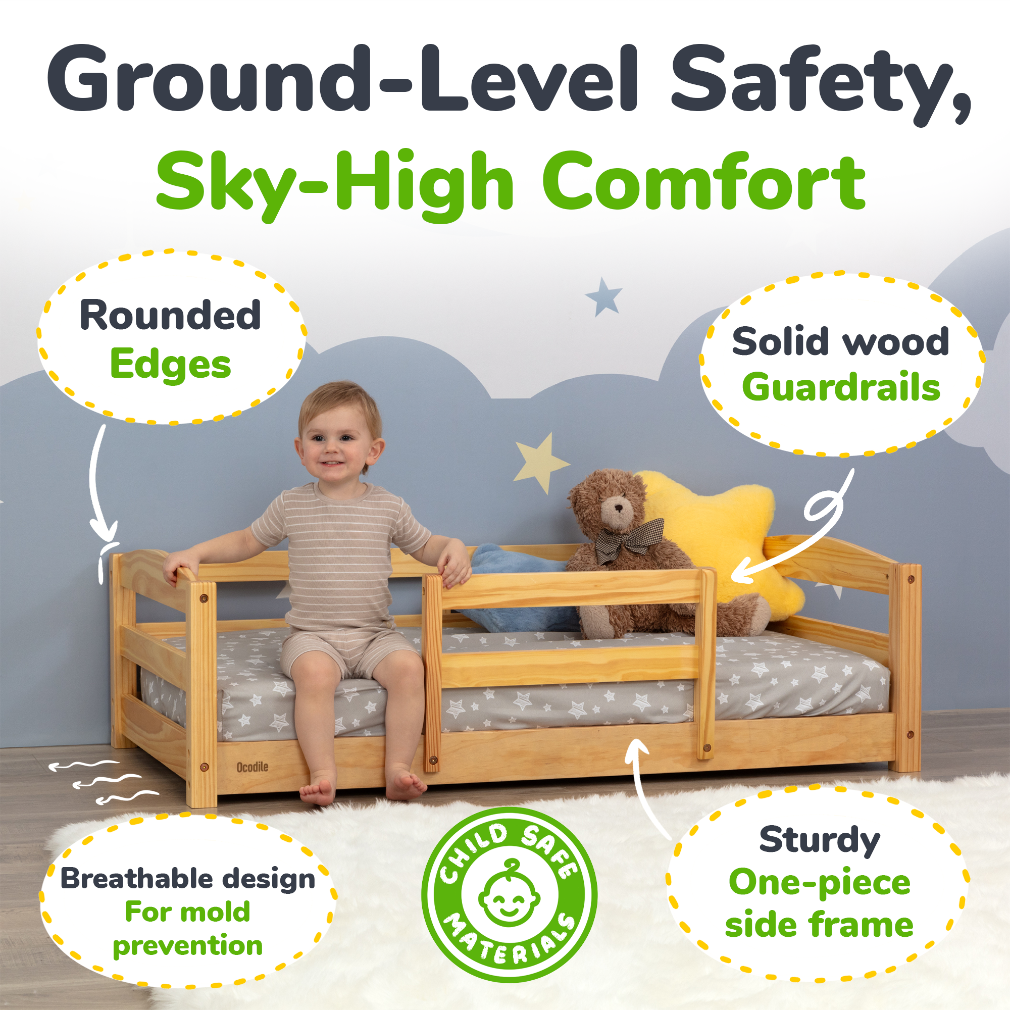Crib Size Wooden Floor Bed Frame with Rails for Toddlers Age 1–3