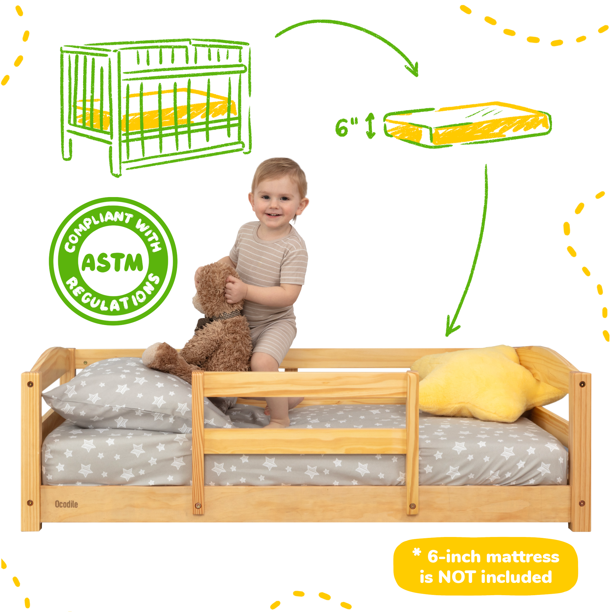Crib Size Wooden Floor Bed Frame with Rails for Toddlers Age 1–3