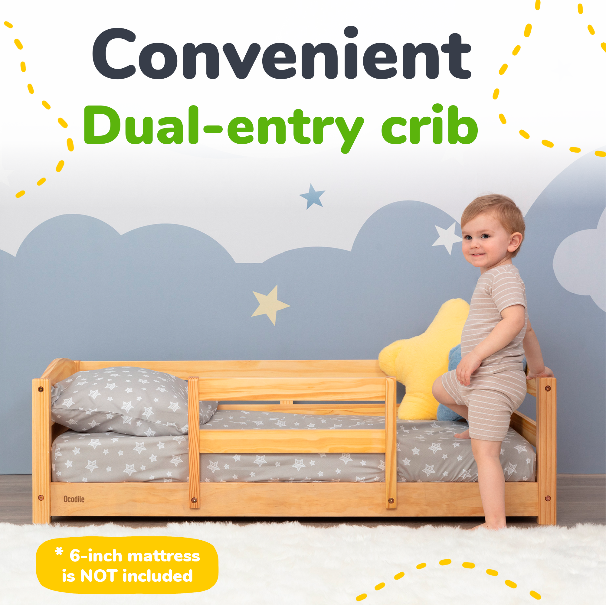 Crib Size Wooden Floor Bed Frame with Rails for Toddlers Age 1–3