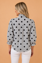 Polka Dot Stripe Ruffle 3/4 Sleeve Buttoned Shirt