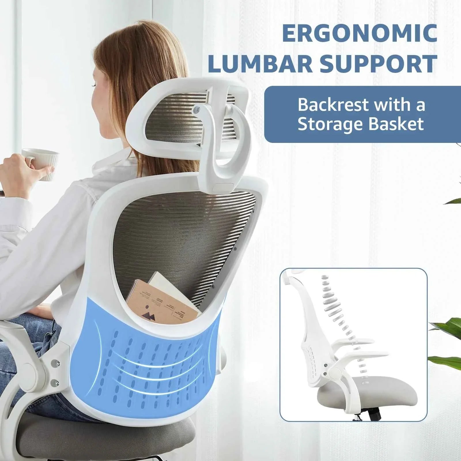 Ergonomic Office Computer Desk Chair Flip-up Arms Adjustable Headrests Comfortable Lumbar Support For Home Office