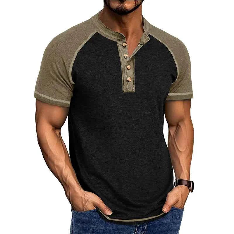 Men's Retro Patchwork Stand Collar T-Shirt