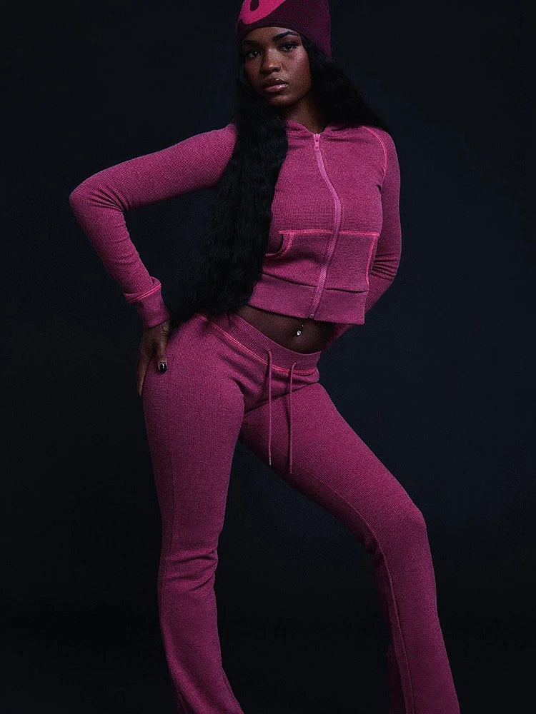 Women’s Hooded Zip Tracksuit Set Flare Pants
