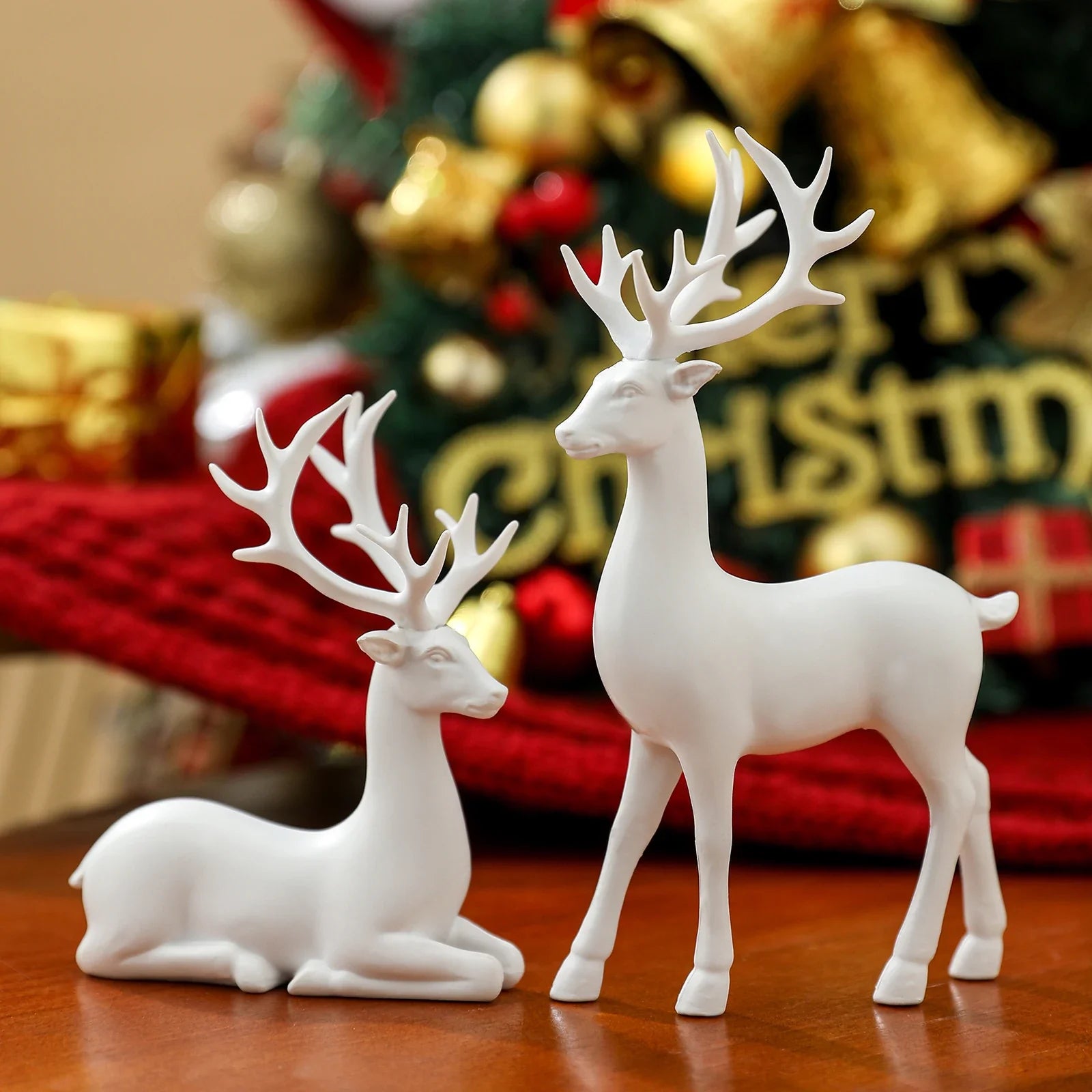 2 Pcs Christmas Reindeer Decor Resin Standing Sitting Deer Figurine Reindeer Christmas Decoration for Home Indoor Xmas Holiday