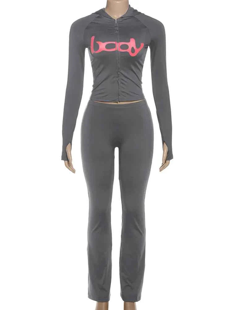 Letter Print Hooded Tracksuit Set for Women