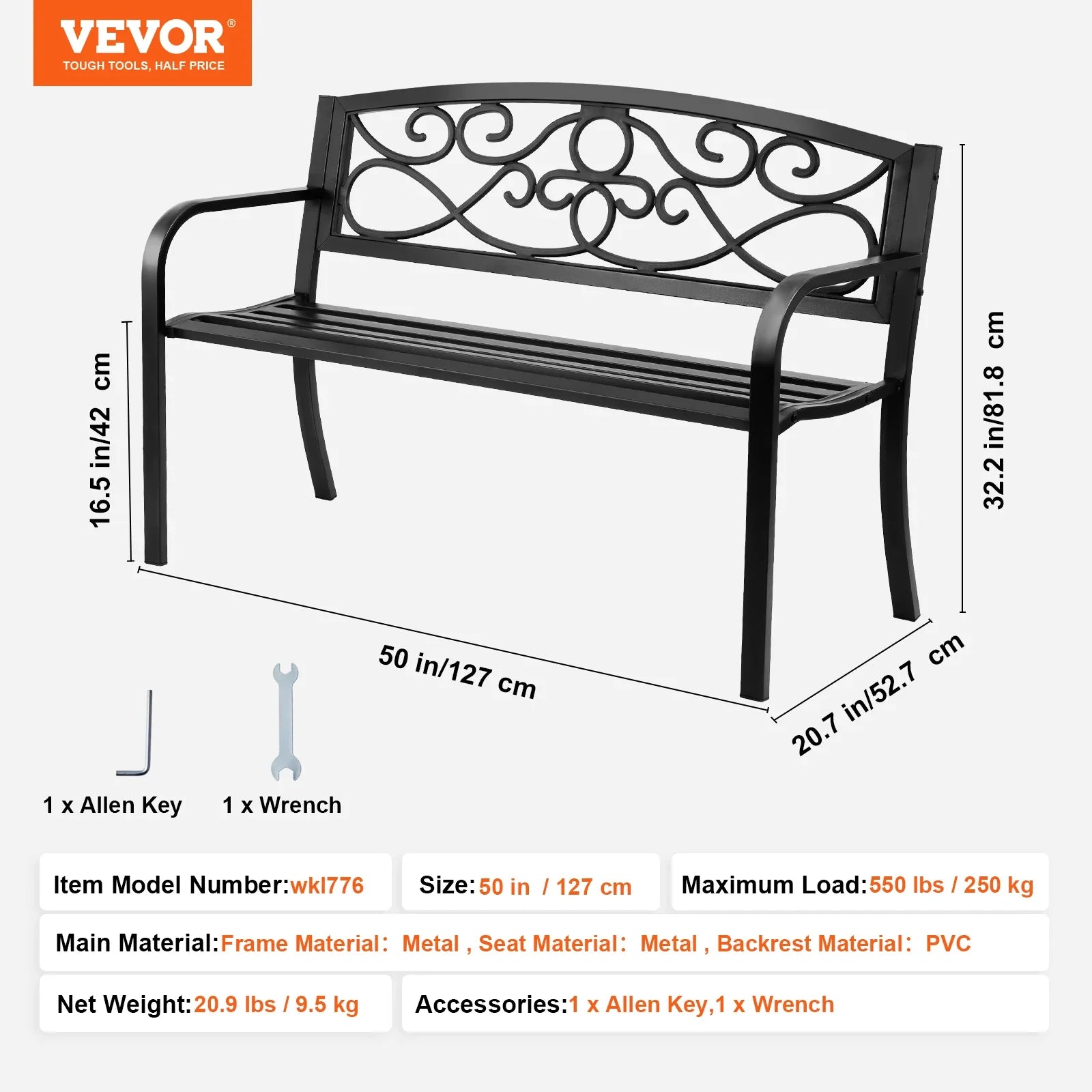 SucceBuy Outdoor Bench Wooden Metal Garden Bench for Outdoors 480 lbs Load Capacity Bench Outdoor Garden Park Bench