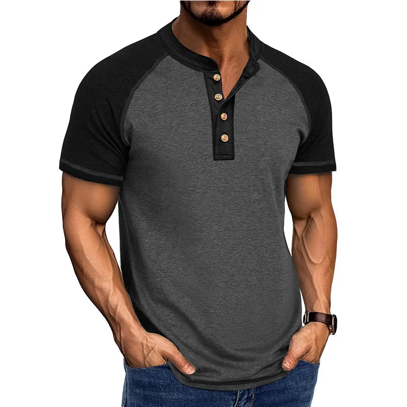 Men's Retro Patchwork Stand Collar T-Shirt
