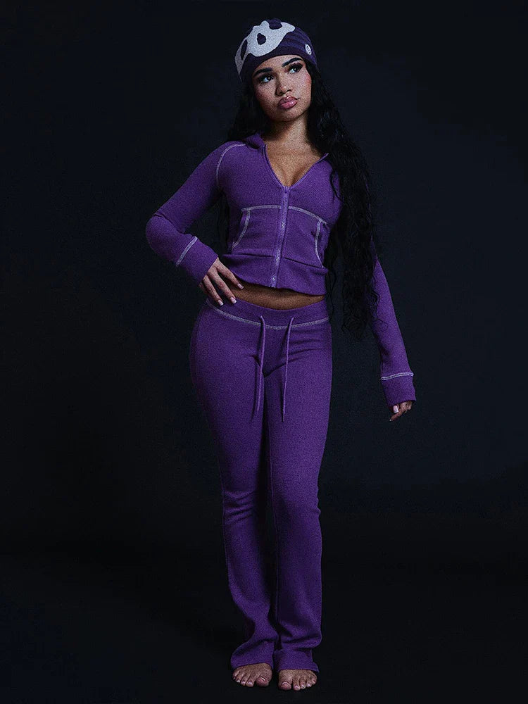 Women’s Hooded Zip Tracksuit Set Flare Pants