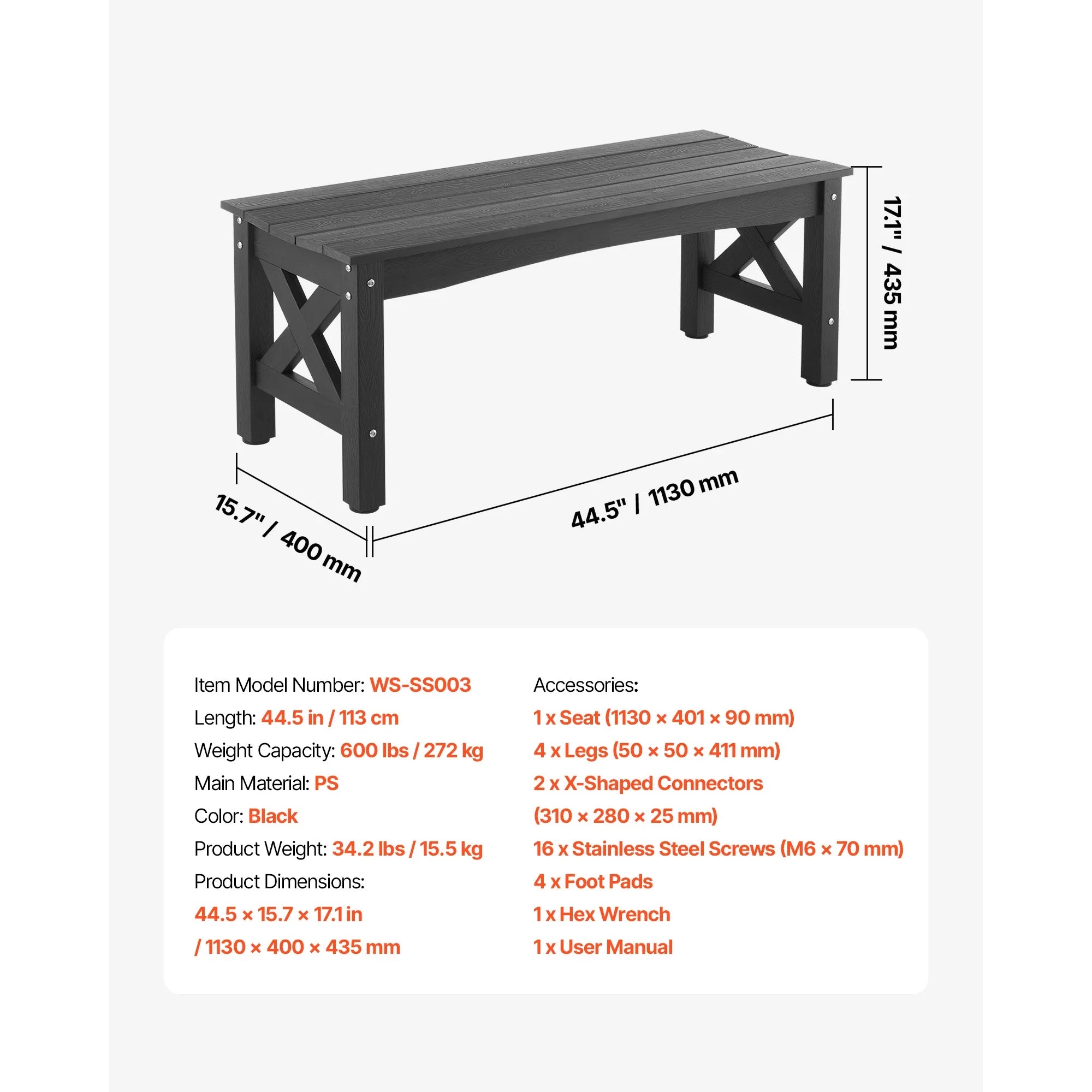 SucceBuy Outdoor Bench Wooden Metal Garden Bench for Outdoors 480 lbs Load Capacity Bench Outdoor Garden Park Bench