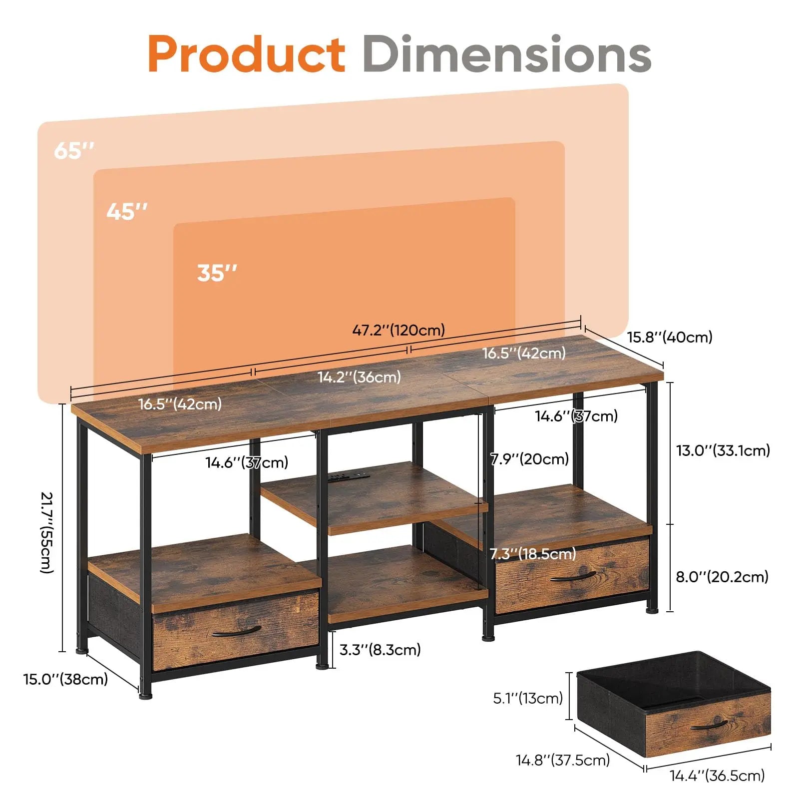 JHK 63IN Wooden Tv Stand For Up To 75 Inch TV Entertainment Center For Living Room Media Console Adjustable Shelf 2 Storage